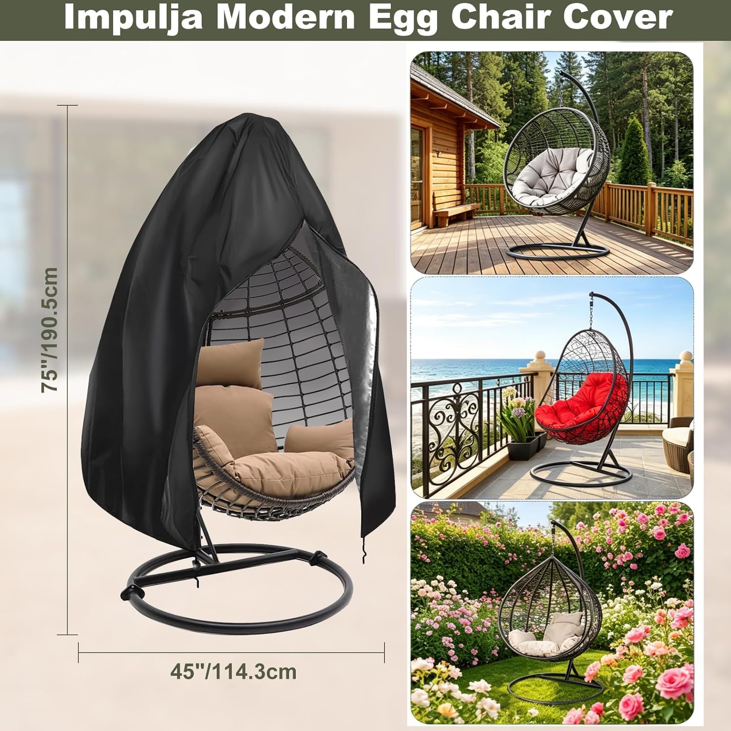 Detalle 2 de Impulja eccb002 Patio Egg Chair Cover, 420D Oxford, Waterproof, UV-Resistant