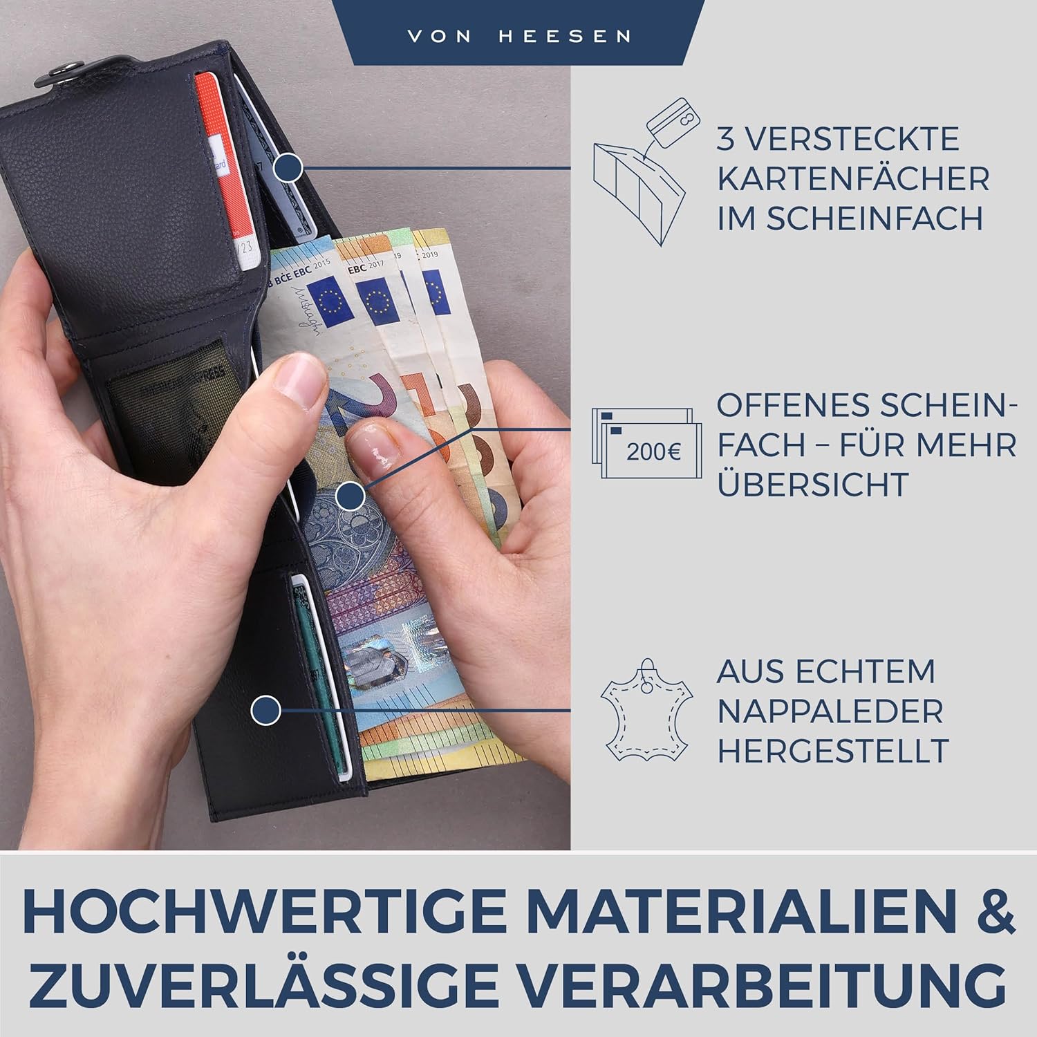 Thumbnail 3 de VON HEESEN Slim Wallet mit RFID-Schutz – Mini-Geldbörse aus Echtleder (blau)