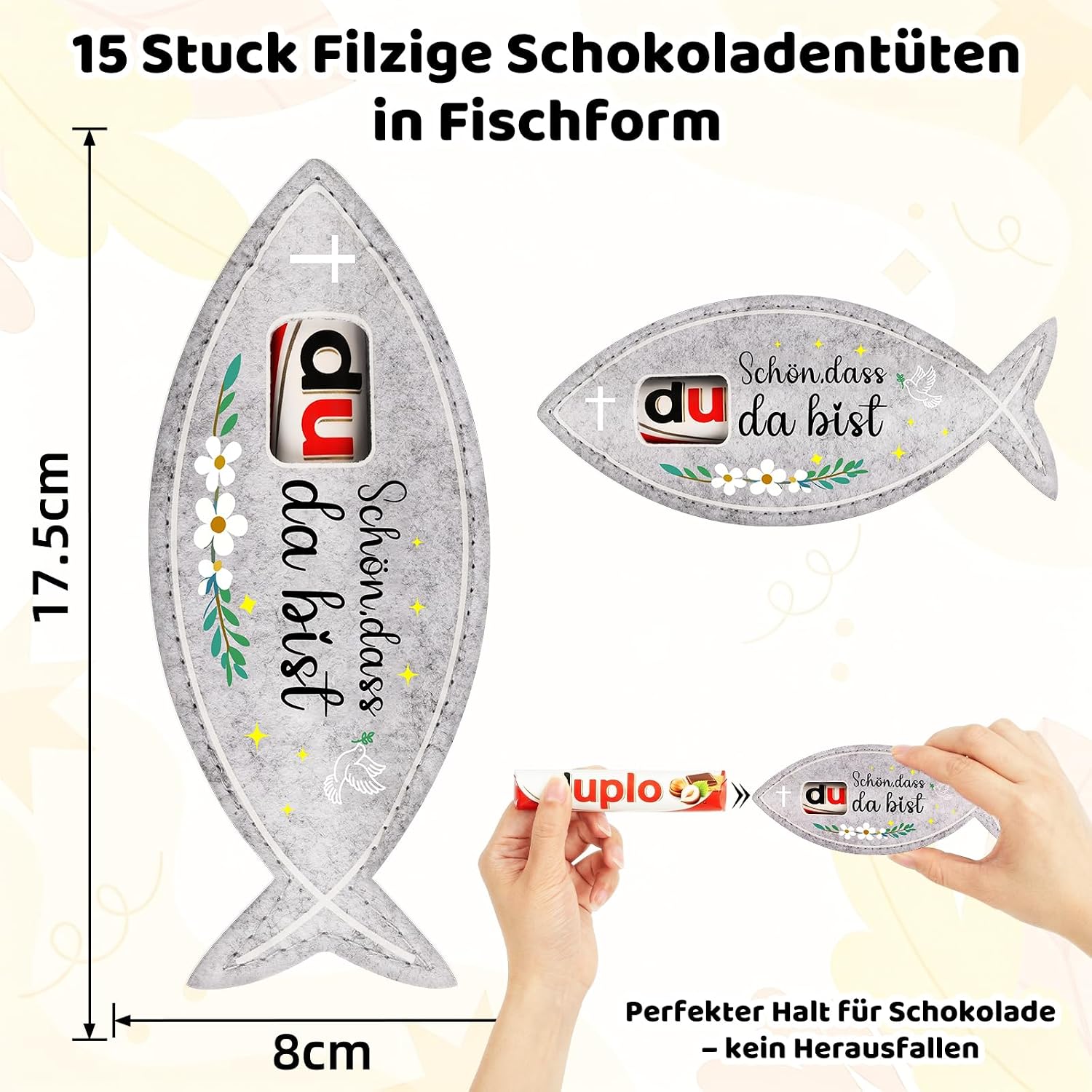 Detalle 2 de Giftota 15 Pcs Gastgeschenke Kommunion – Filzverpackungen ohne Schokolade, Fisch-Duplo mit Dankeschön-Text