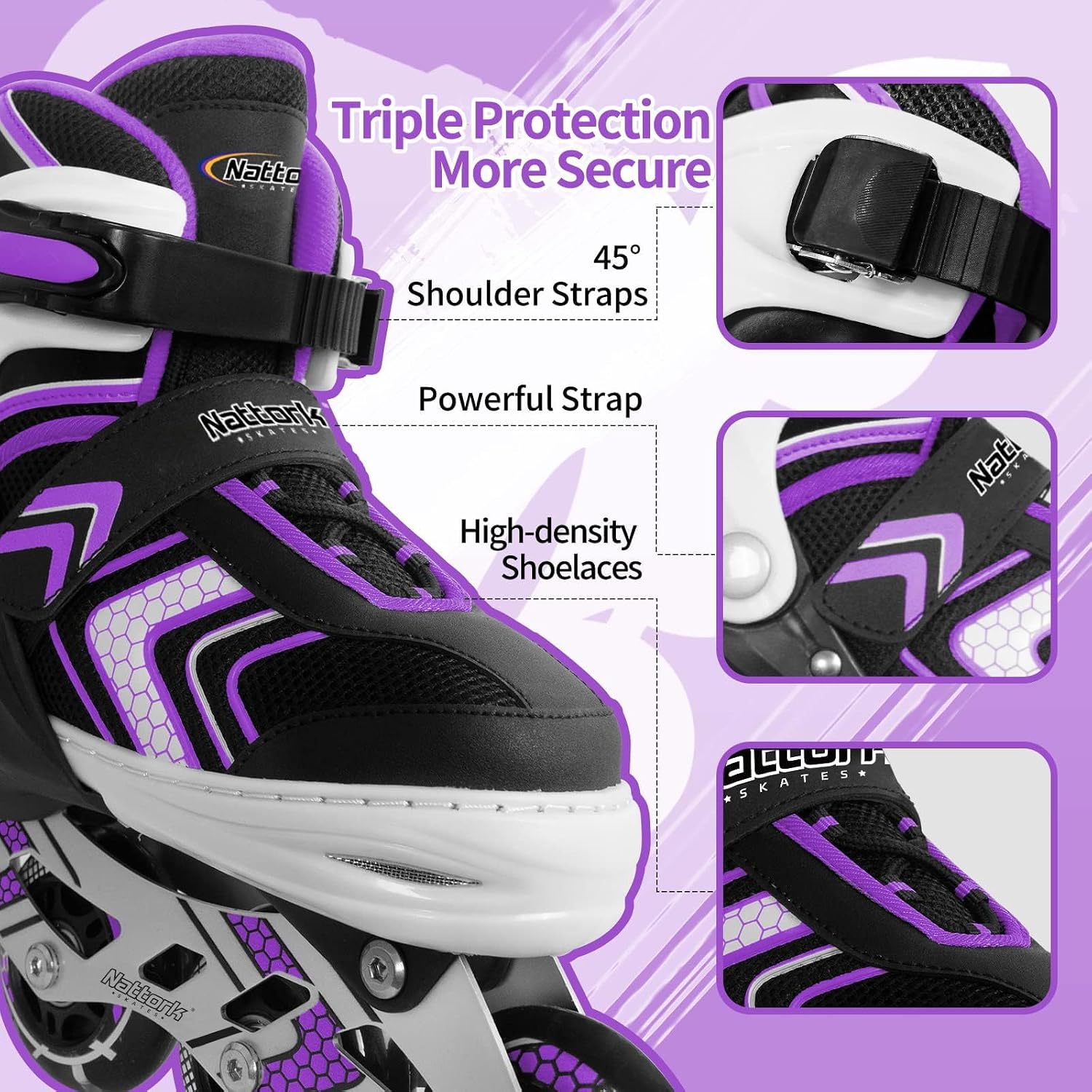 Detalle de Nattork Adjustable Inline Skates with Full Light-Up Wheels for Kids (Purple/Pink/Blue/Black)