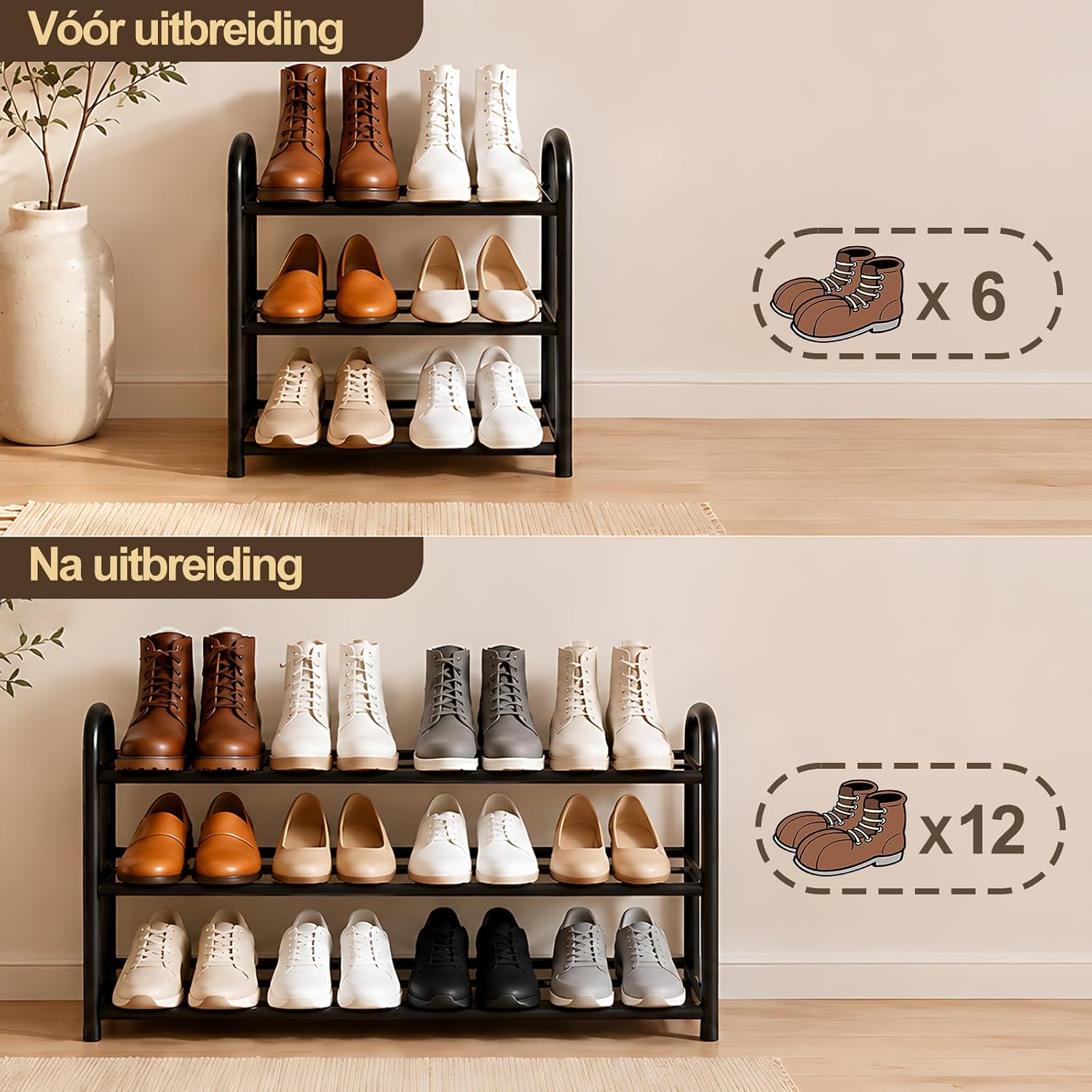Detalle de MIKVOYO uitschuifbaar schoenenrek, 3 niveaus, zwart metaal, 45–80 cm