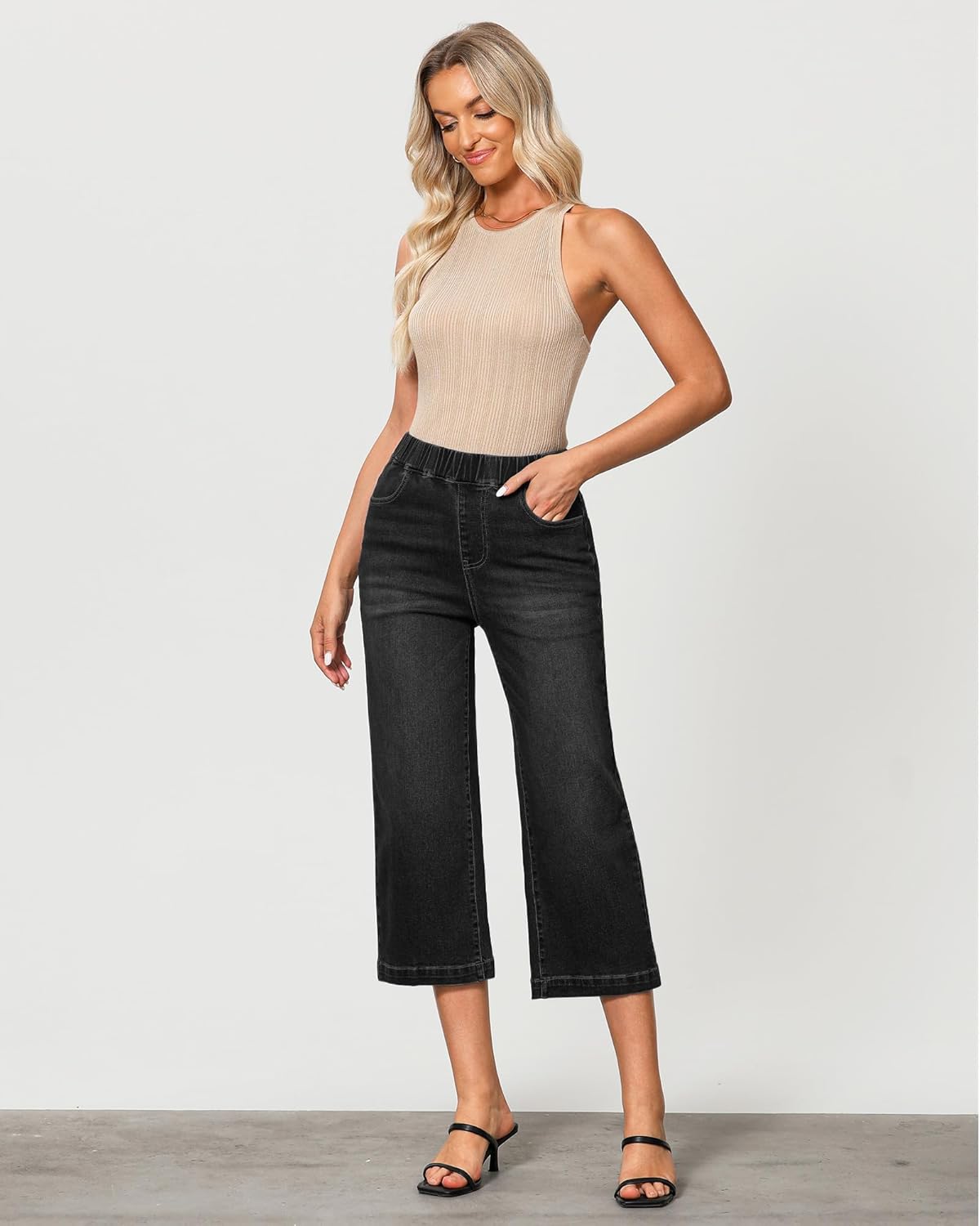Thumbnail 5 de GRAPENT Capri Jeans for Women Wide-Leg High-Waisted Pull-On Stretch Denim