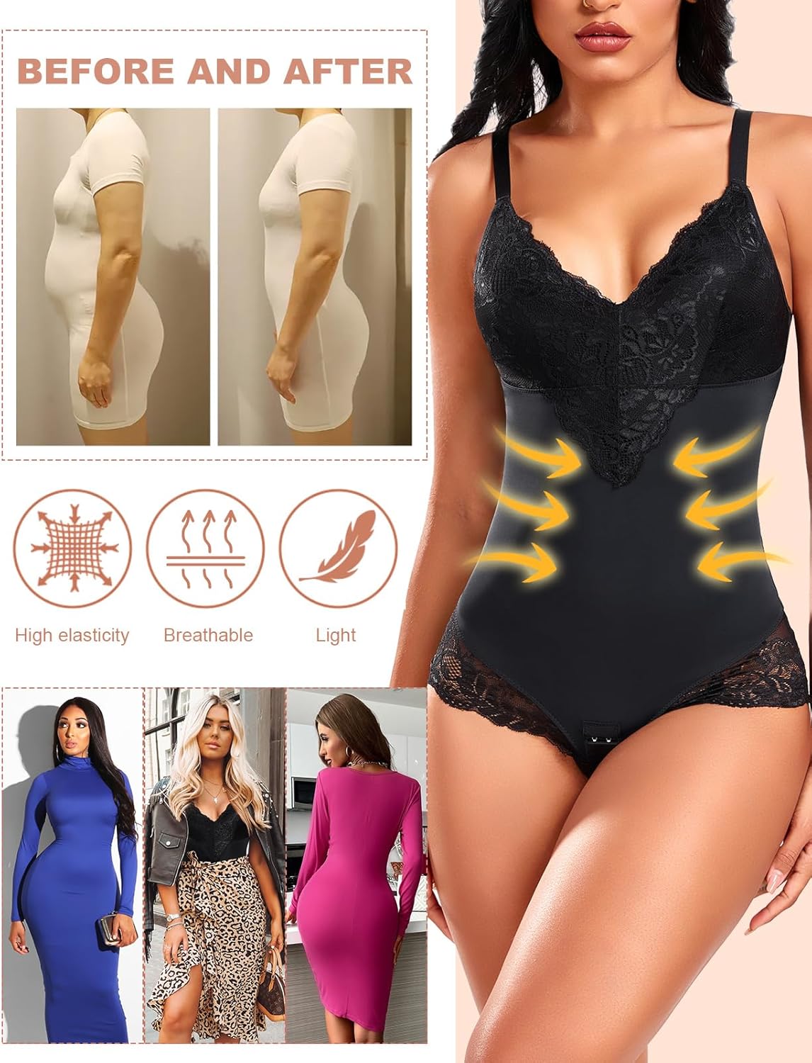 Detalle de PASUDA Body Contenitivo Modellante Donna in Pizzo – shapewear modellante con scollo a V