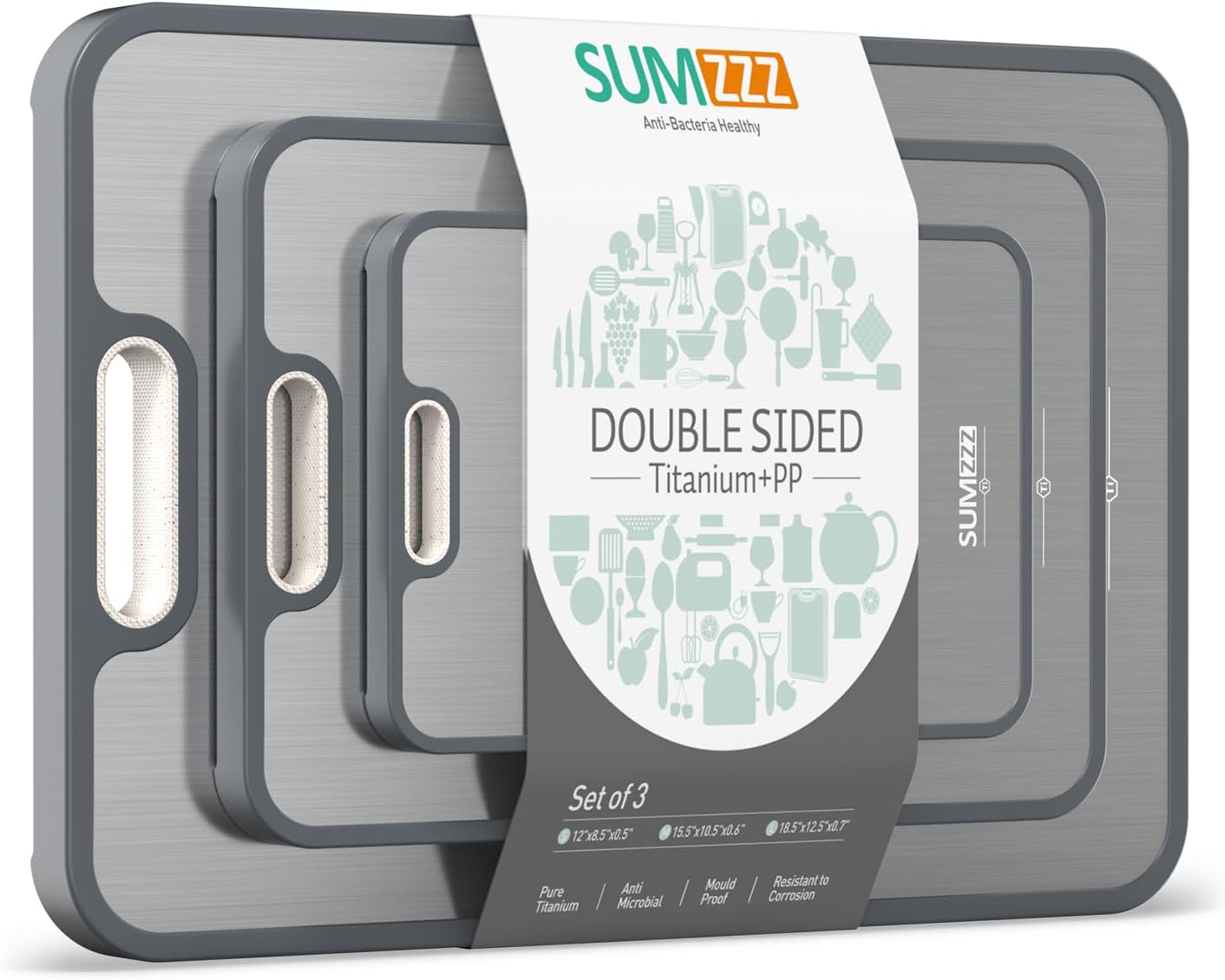 Detalle de Sumzzz Titanium-3pces Double-Sided Cutting Board Set, Titanium and PP, 3 Sizes