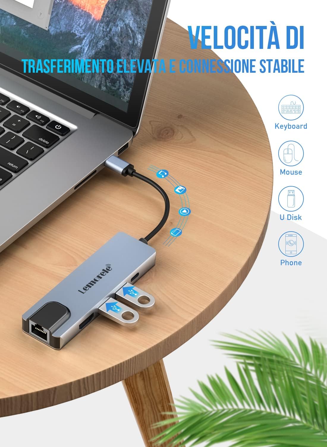 Detalle 2 de Lemorele Hub USB‑C Ethernet 5‑in‑1: docking station in alluminio per HDMI 4K, Ethernet 100Mb, PD 100W e USB‑A