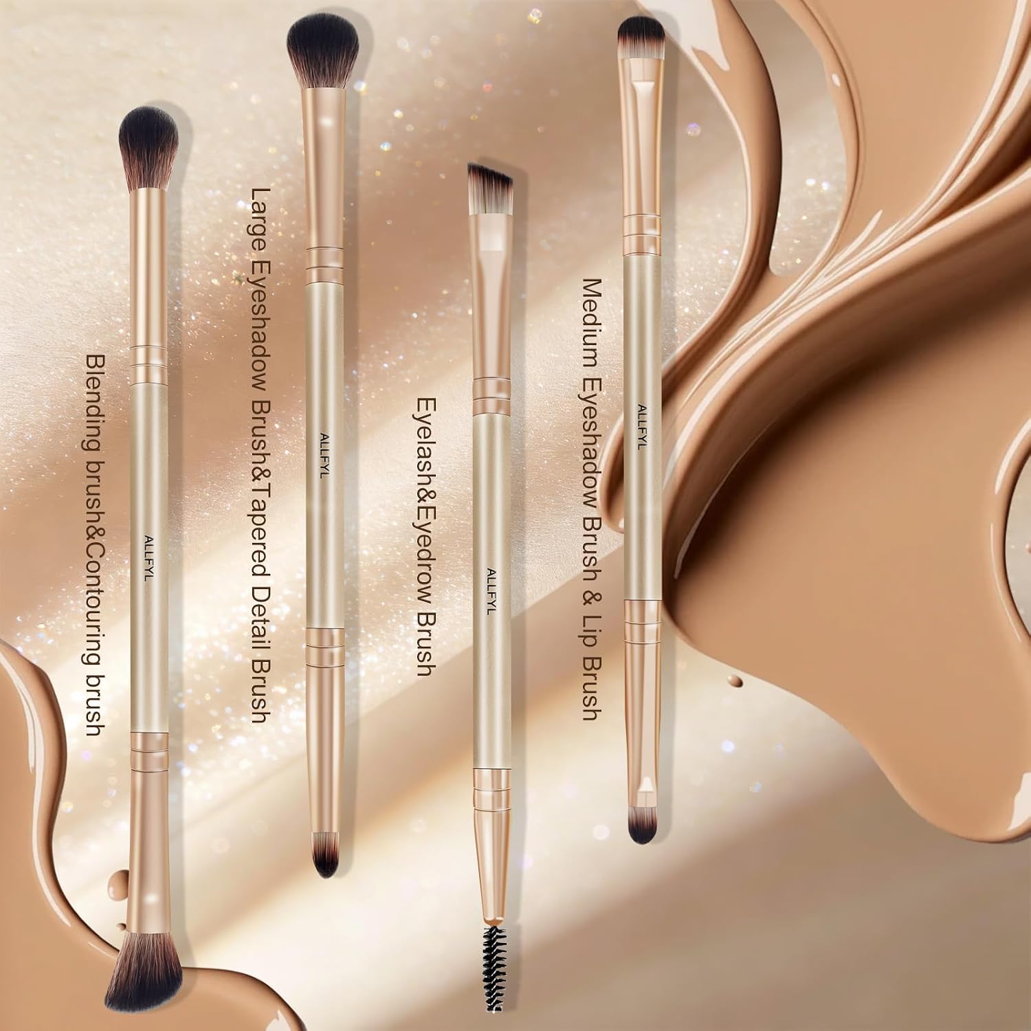 Detalle de ALLFYL Set 6 Pennelli Doppi Trucco Professionali Champagne: kit tutto-in-uno per viso, occhi e labbra