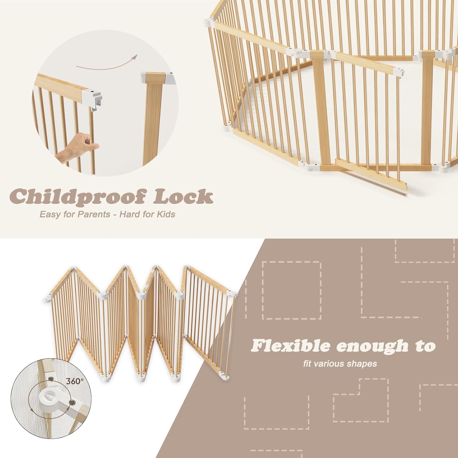 Detalle de JimberBay Foldable Wooden Baby Playpen with Safety Gate, Natural Wood