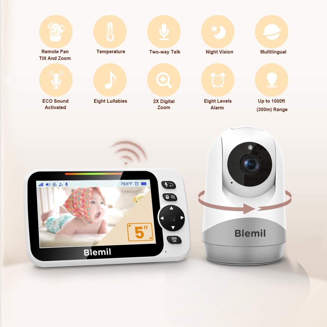 Thumbnail 1 de Blemil 5" Split-Screen Baby Monitor with 30-Hour Battery and Remote Pan/Tilt/Zoom