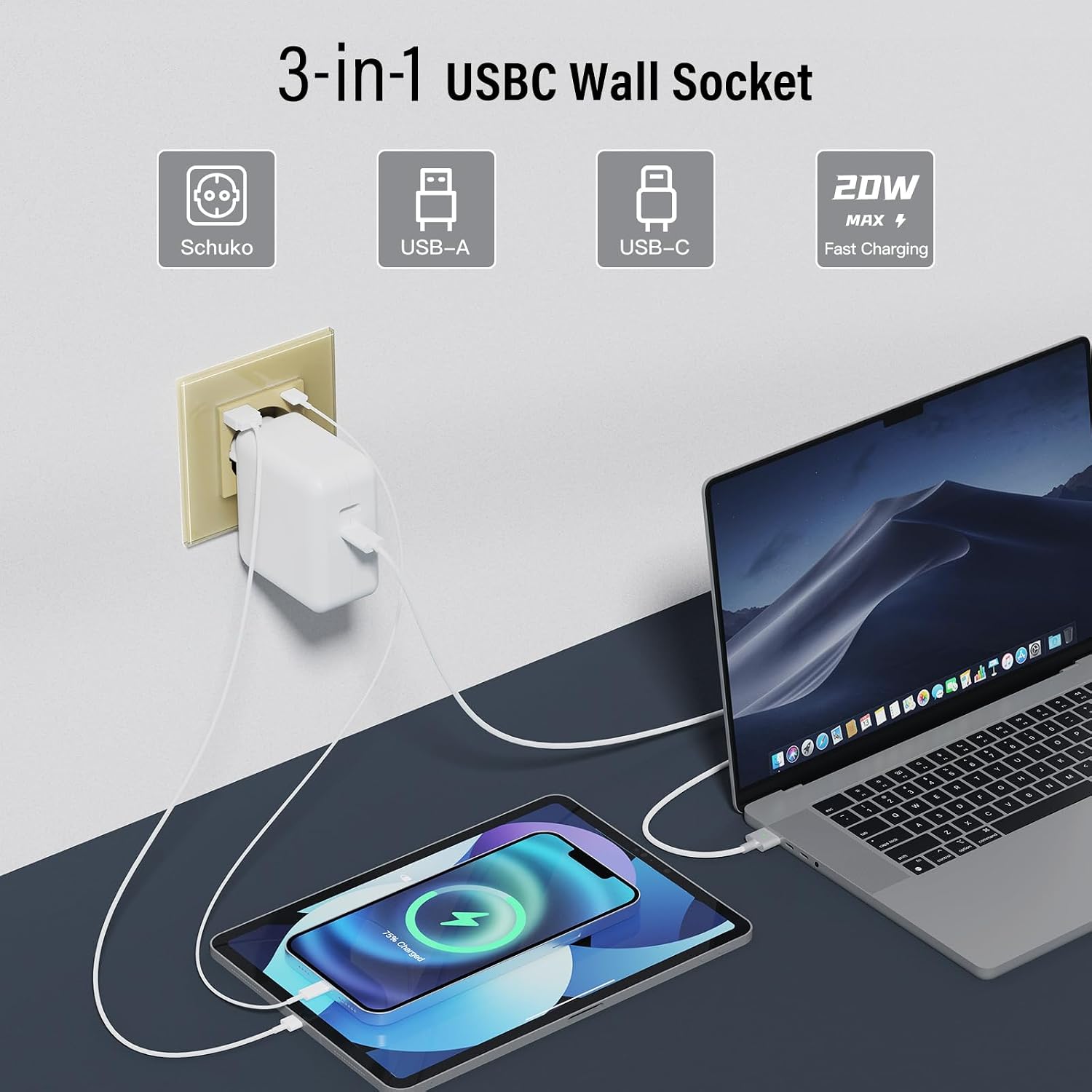 Detalle 2 de BSEED Glas-Steckdose mit 20W USB-C Schnellladegerät (20W), 3-in-1 Unterputz – 86 mm, 1-fach, Gold