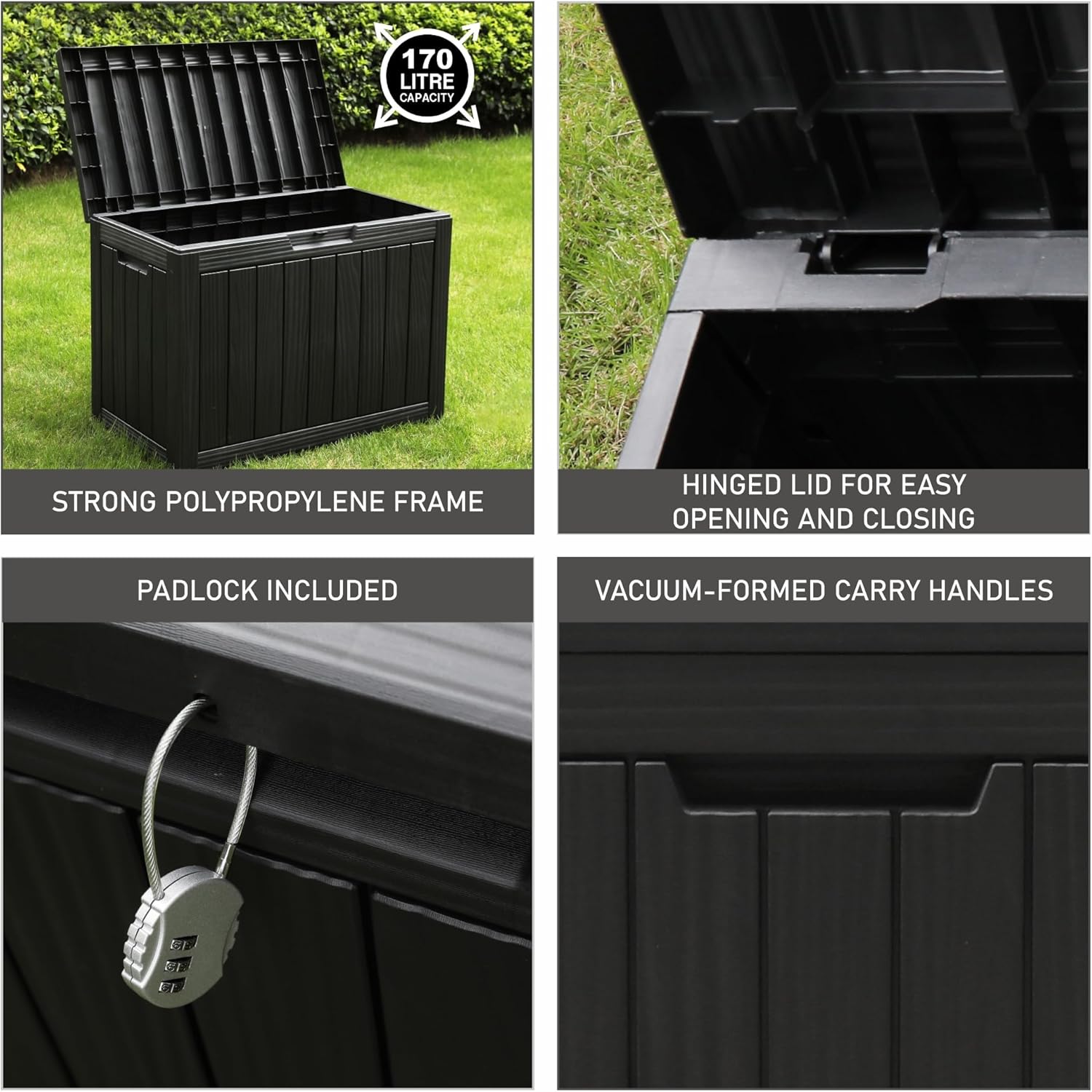 Thumbnail 2 de Olsen & Smith 170L Lockable Outdoor Garden Plastic Storage Box (Small) – Weather Resistant, Wood Panel Effect (Black)