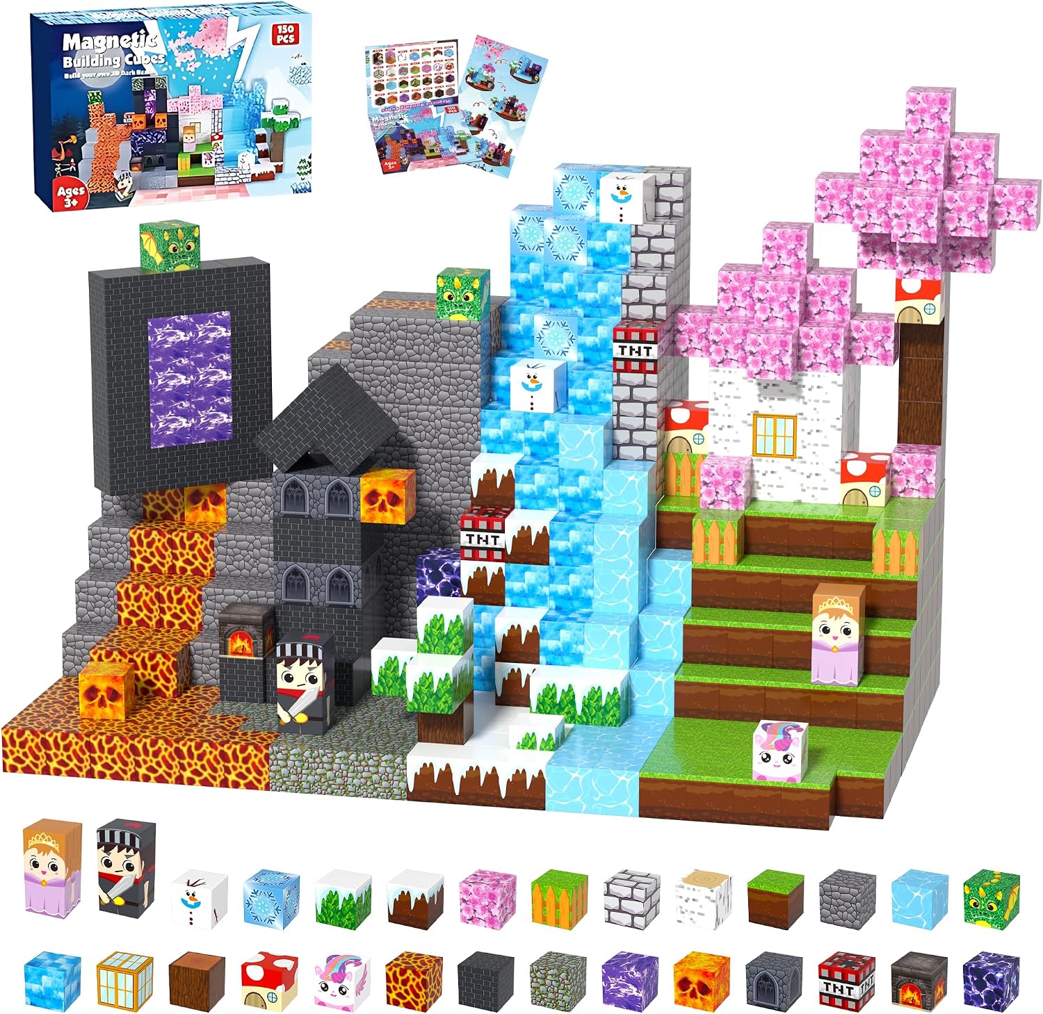 Detalle de Trozvyn Magnetische Bausteine Lavawald Set – 150 Teile, STEM-Spielzeug für Kinder ab 3+, Wald-Lava-Gletscher-Tiere