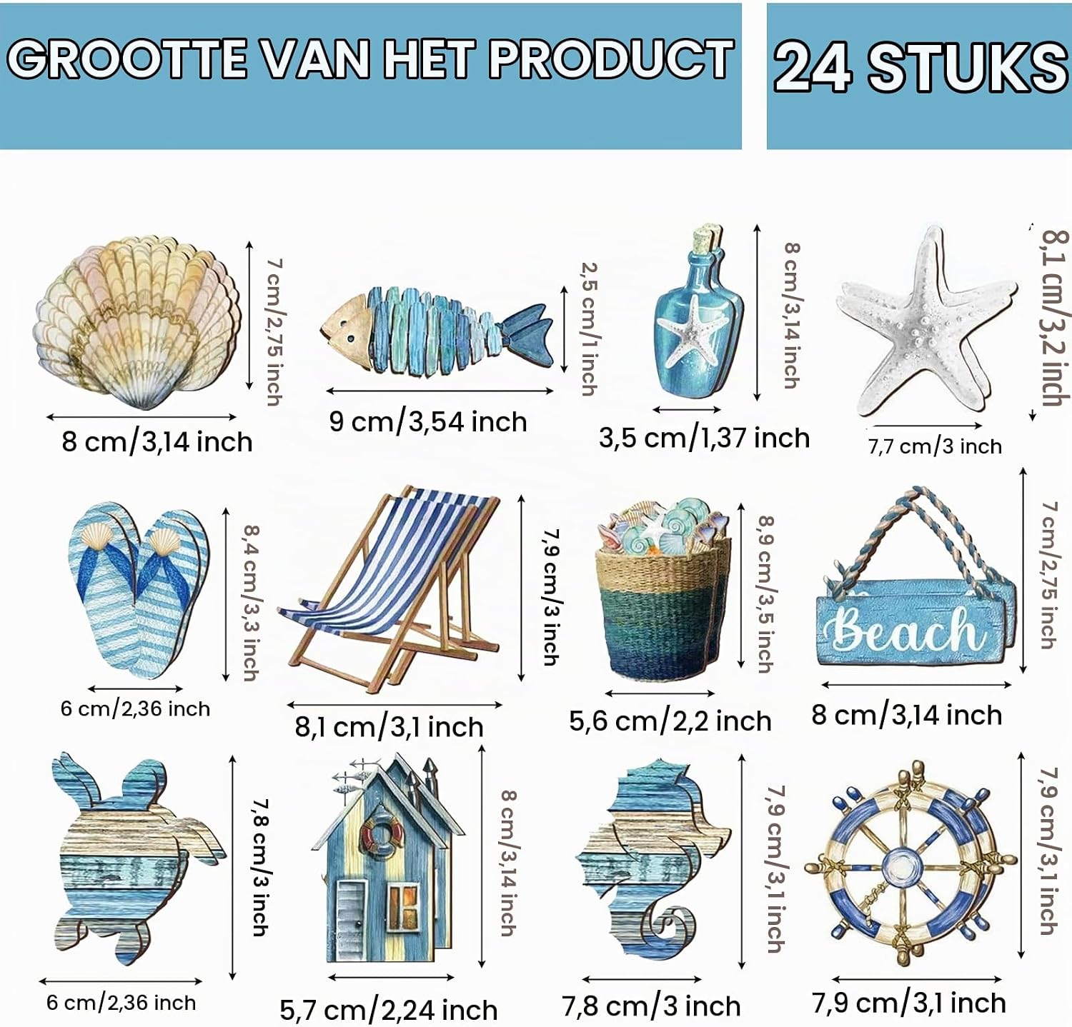 Detalle de Hundredweat houten oceaandecoratie, 24 blauwe hangornamenten