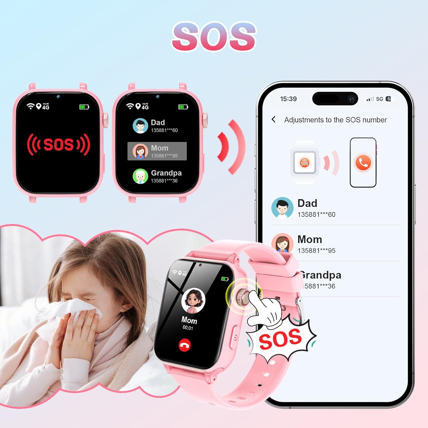 Detalle 2 de PTHTECHUS Montre Connectée Enfant 4G Rose – GPS, Appels Vidéo et Mode École