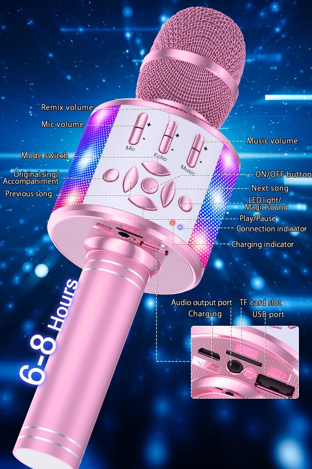 Thumbnail 6 de BONAOK Magic Sing Karaoke-Mikrofon Bluetooth 4-in-1 (Hellrosa) – kabelloses Kinder- und Party-Karaoke
