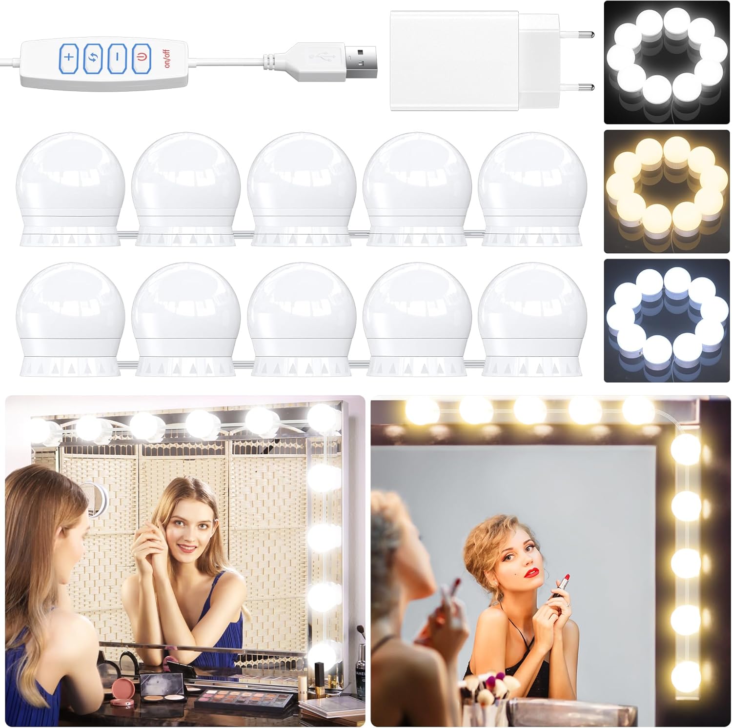 Thumbnail 6 de daphomeu Aktualisierte Version LED-Spiegelleuchte mit 3 Farben, dimmbar – Schminklicht fürs Bad- oder Kosmetikspiegel