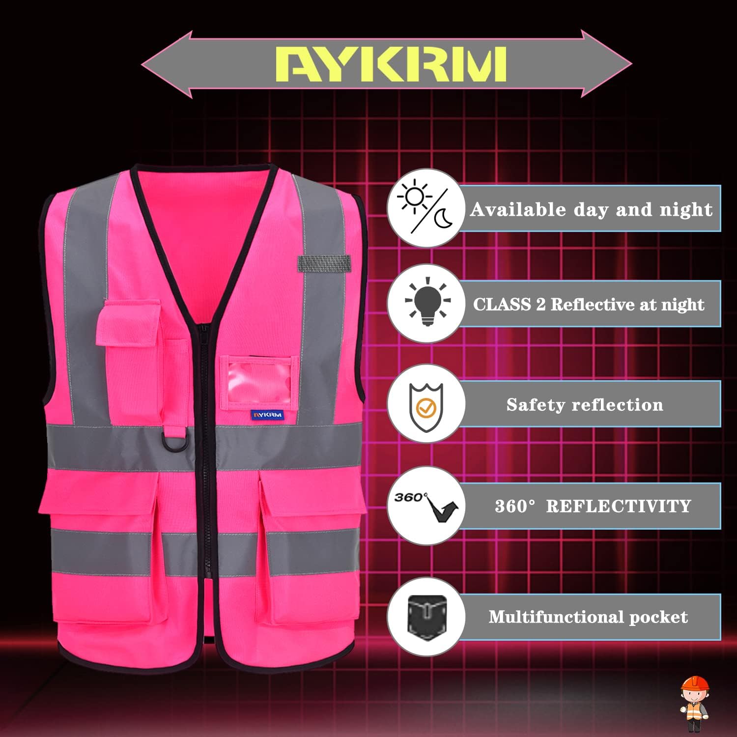Detalle de AYKRM 21 couleur Gilet di Sicurezza Antinfortunistici ad Alta Visibilità con Tasche e Zip — riflettente 360°