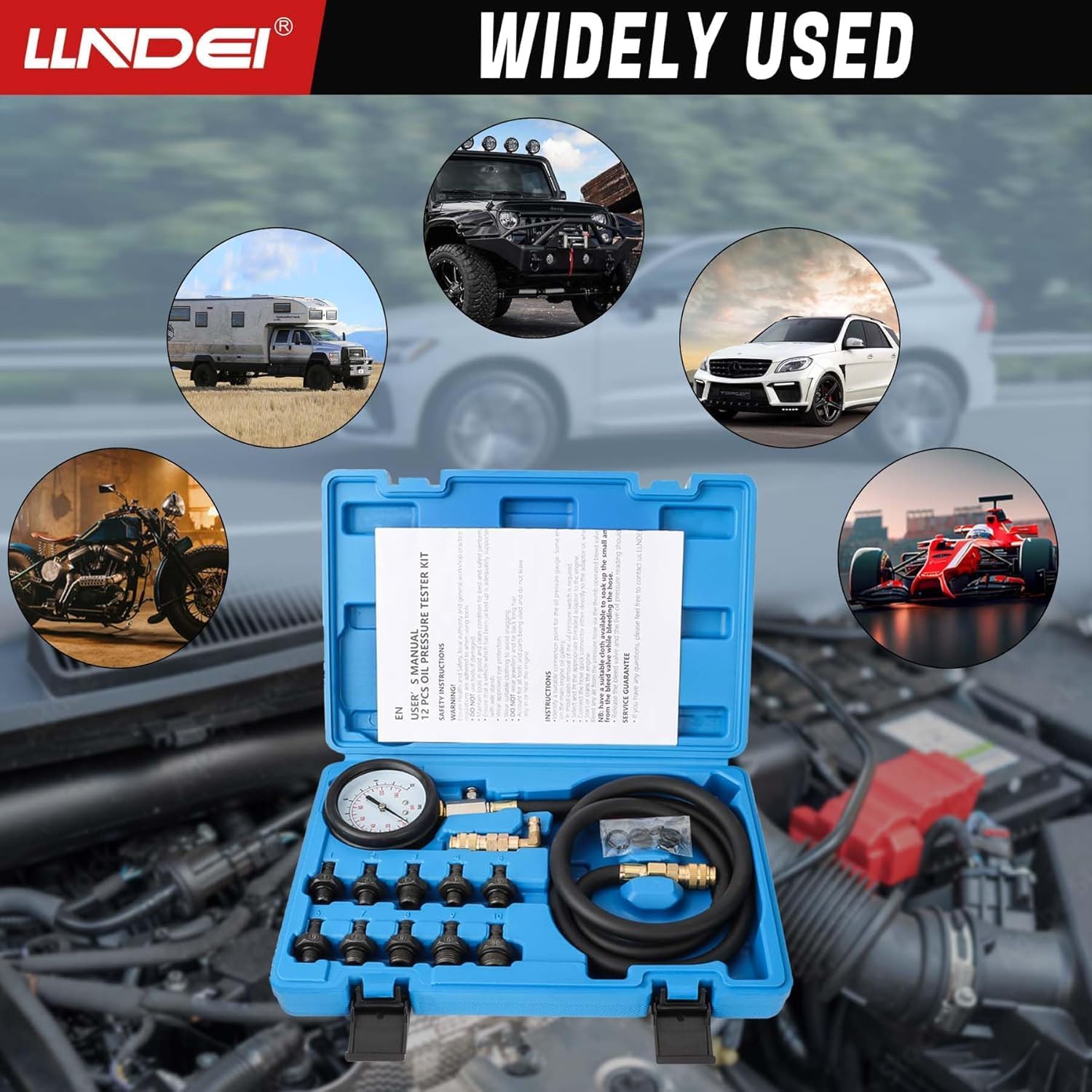Thumbnail 6 de LLNDEI Oil Pressure Tester Tool 0-140 PSI: Engine Oil Gauge Kit with 4 ft Hose and 90° Fitting