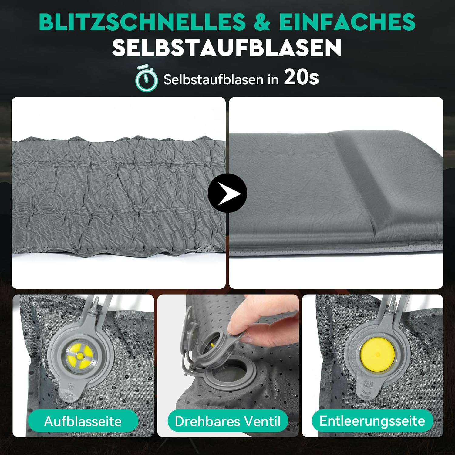 Thumbnail 4 de HIKENTURE Isomatte selbstaufblasend (8 cm) mit eingebettetem Kissen für Camping & Wandern