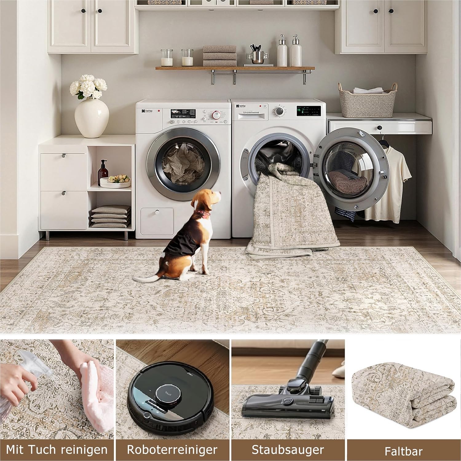 Thumbnail 3 de HUGEAR Vintage waschbarer Teppich Beige im Retro-Stil, 300x400 cm für Wohnzimmer & Schlafzimmer