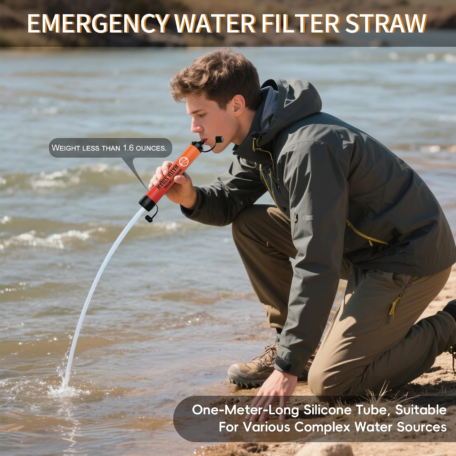 Detalle de Lormandy S2 orange Water Filter Straw, 1,300-Gallon Capacity, Lightweight ABS