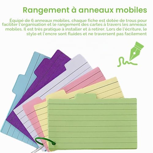 Detalle 2 de Carte Vierge, 300 Pièces Flashcard SPRHR avec 6 Anneaux – Fiche de Revision 6 Couleurs (130 x 70 mm)