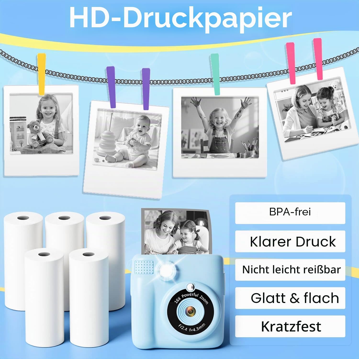 Detalle 2 de QUASON 18 Rollen Kinderkamera-Papierrolle – BPA-freies Thermodruckpapier für Kinderfotografie