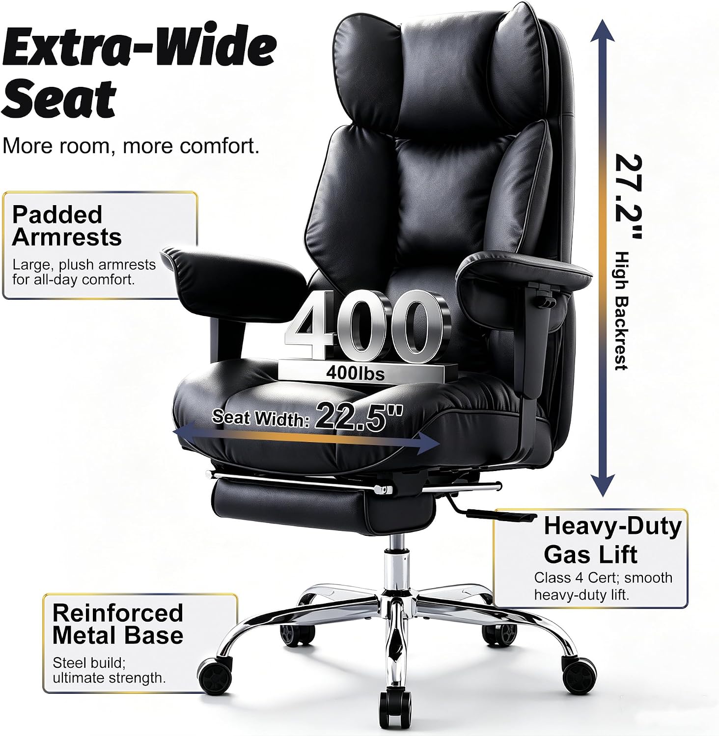 Detalle de Efomao 3084PAE Black Executive Office Chair with Pocket Springs and Footrest