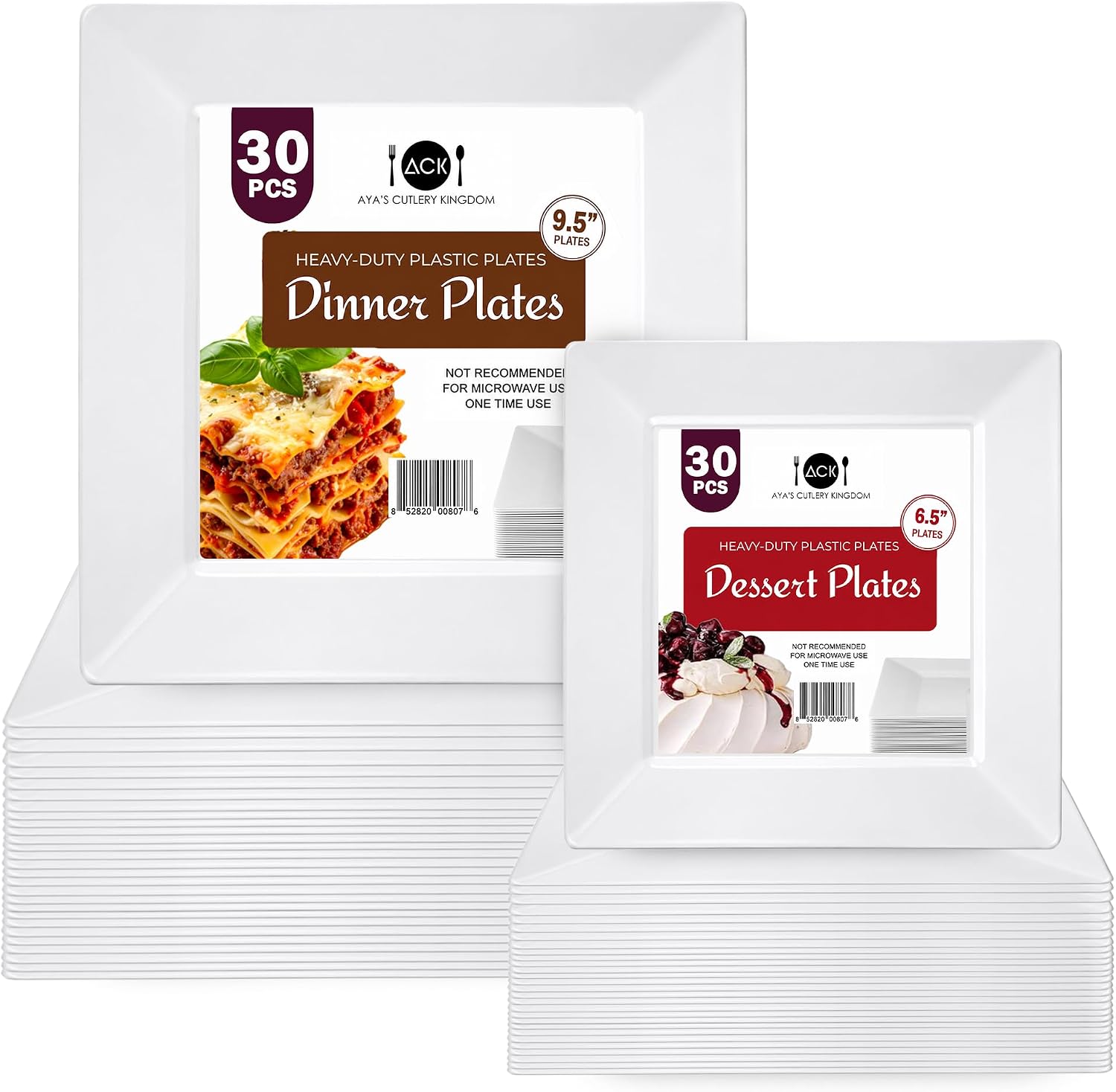 Detalle de Aya's 60ct Square Plastic Disposable Plates, White - 9.5-Inch Dinner & 6.5-Inch Salad Plates (Heavy-Duty, Square) for Parties