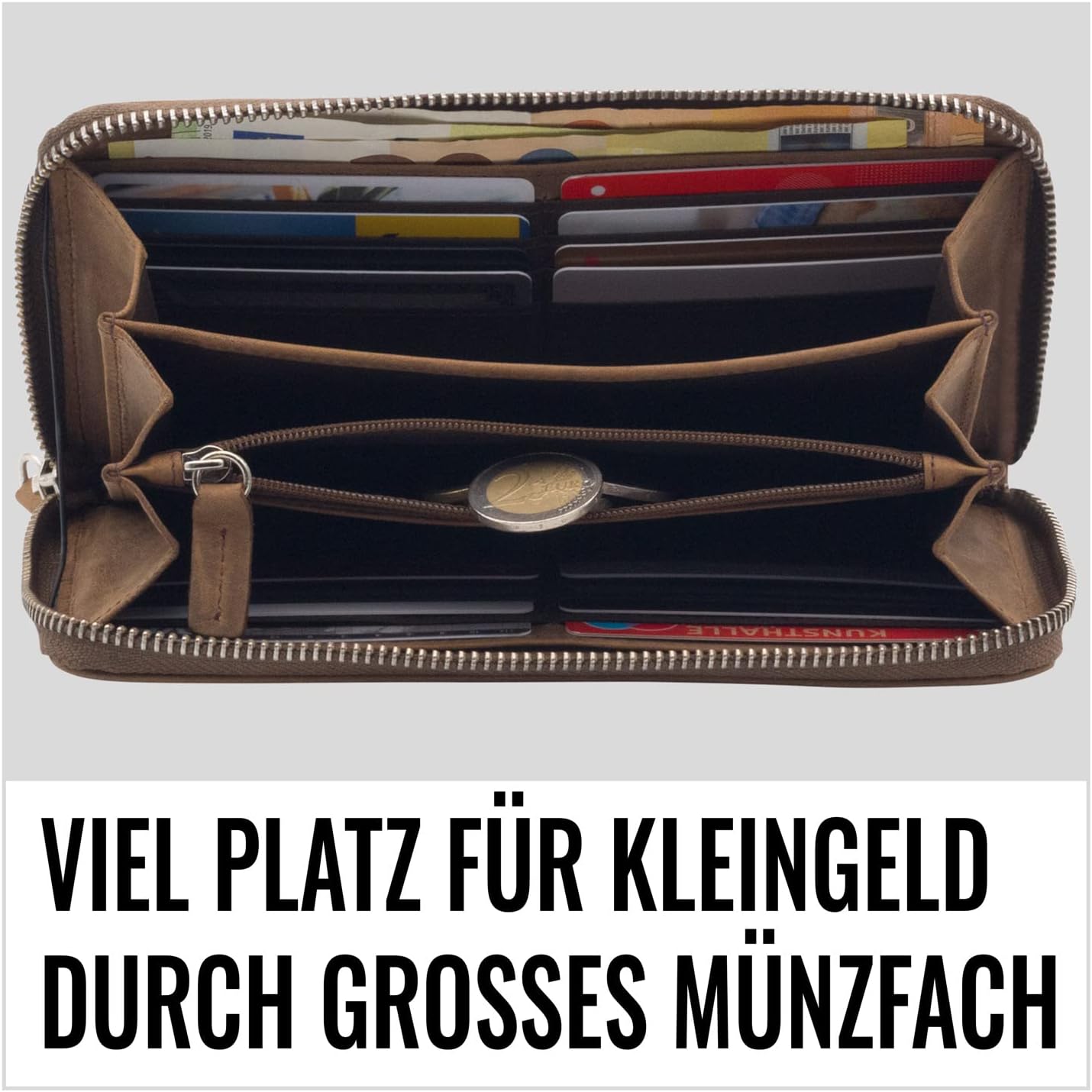 Detalle de KORUTA Geldbörse Damen Leder mit RFID-Schutz – Großes Portemonnaie aus Echtleder, Braun (Querformat)