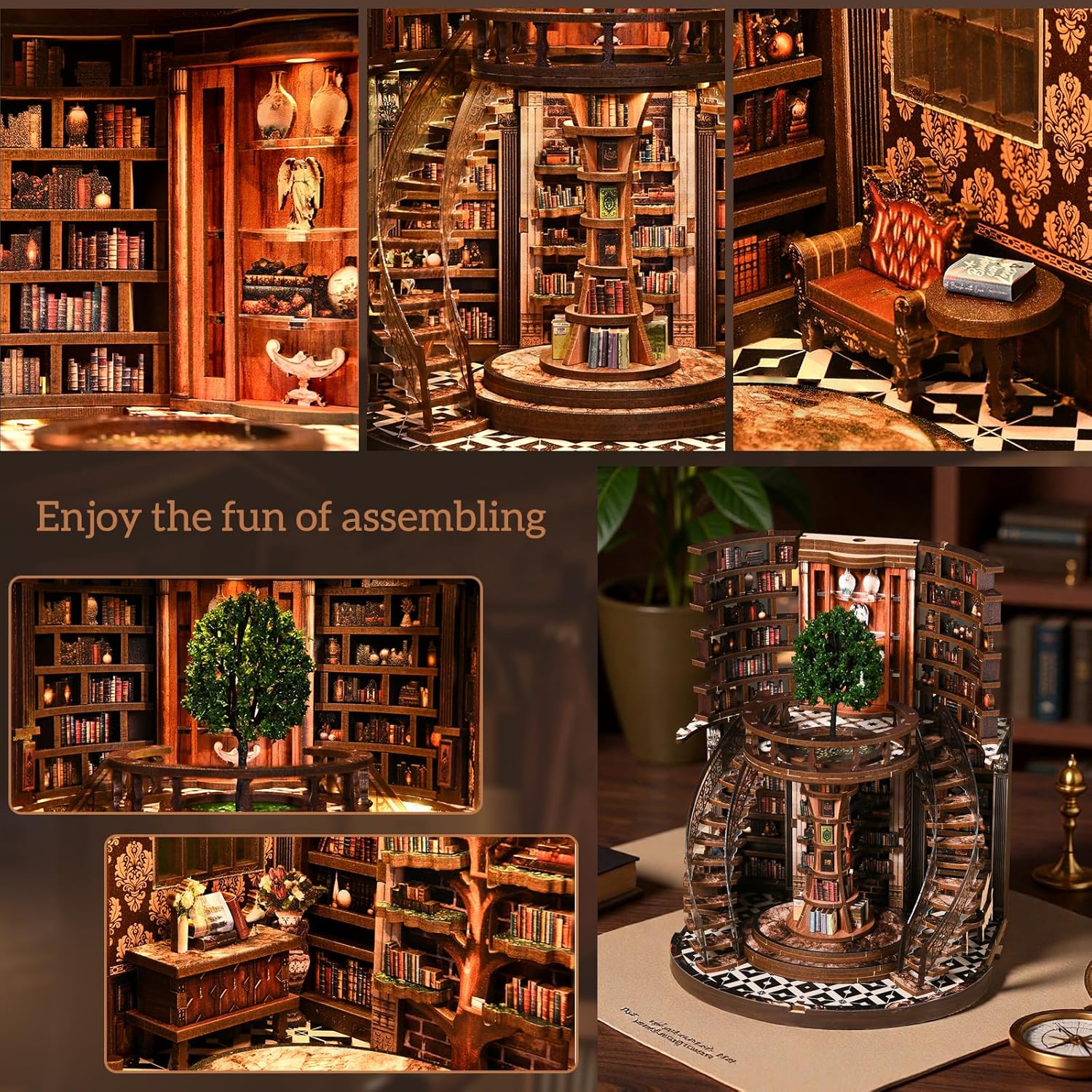 Detalle de BATTREVO Book Nook Kit – Weisheitsringe Bucharchiv aus Holz mit LED-Beleuchtung