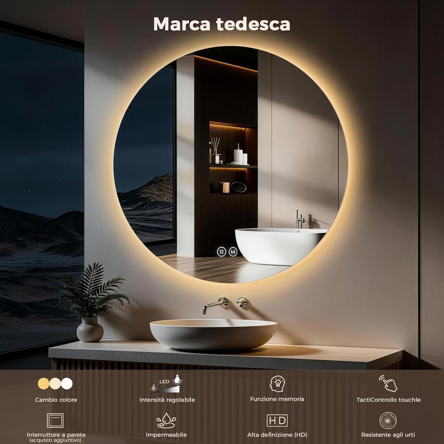 Thumbnail 1 de S’AFIELINA specchio da bagno rotondo LED da 70 cm con illuminazione dimmerabile e touch