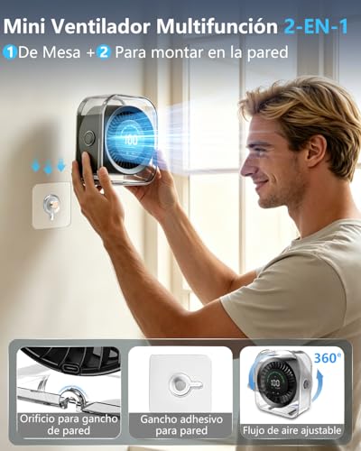 Detalle de DDKJ Ventilador de Mesa Silencioso USB Recargable: flujo 360° y 100 velocidades para escritorio, pared y hogar