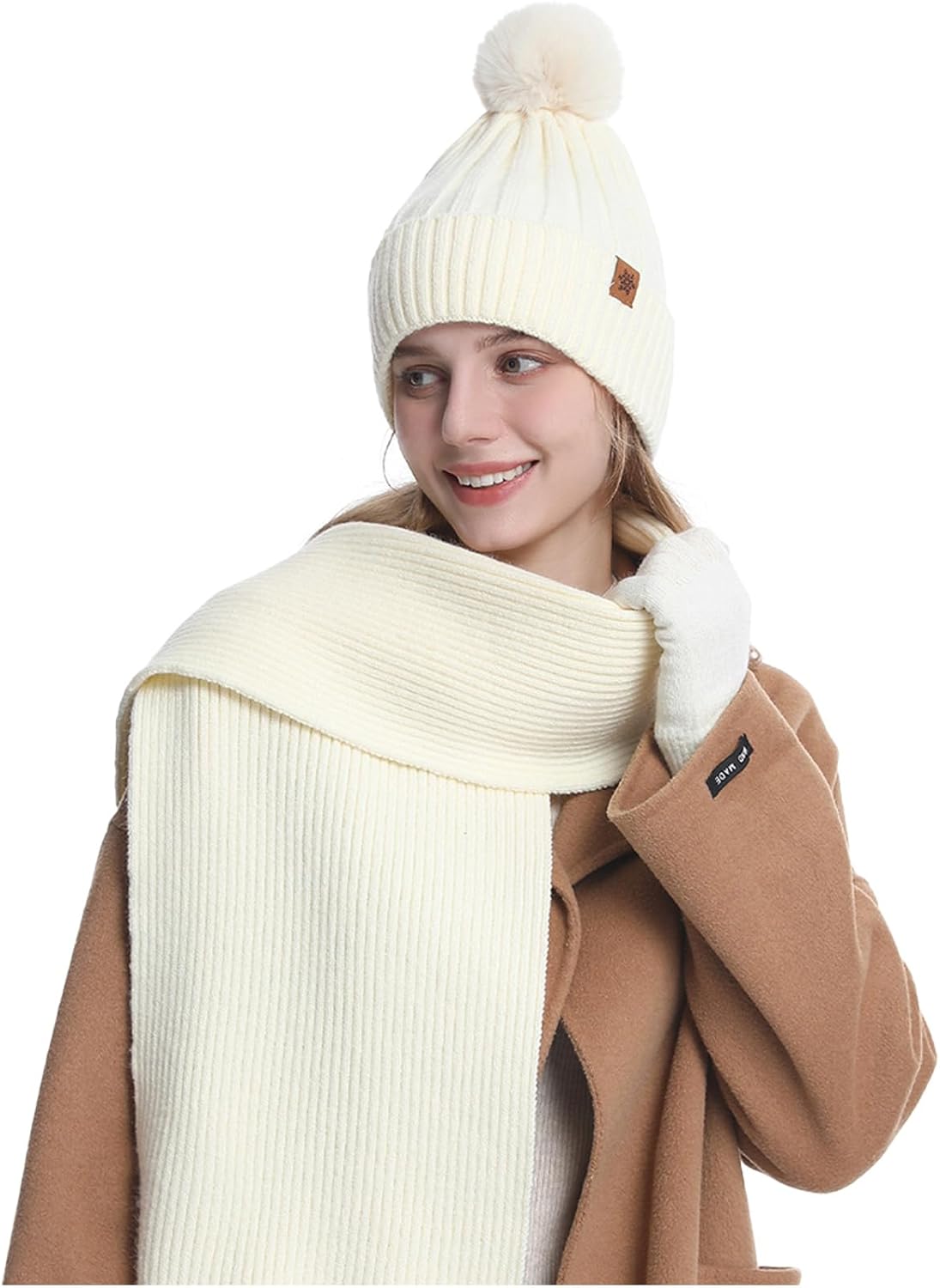 Thumbnail 5 de Luckyan Women Winter Knitted Beanie Hat with Faux Fur Pom – Double Layer Fleece, UK Sizing