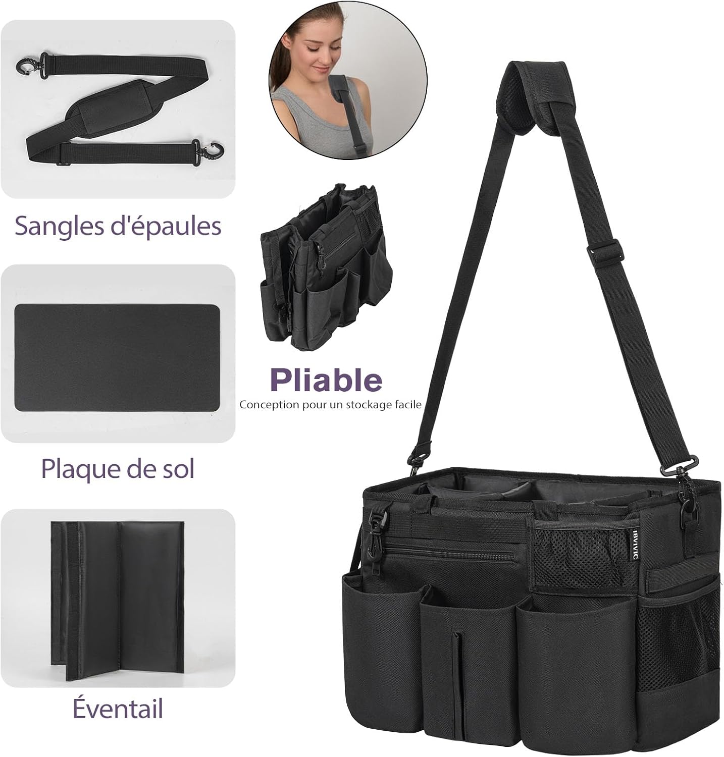 Detalle de OUUTMEE Sac de Nettoyage avec Séparateurs Amovibles – Organisateur Portable 20 x 38 x 26 cm, Noir (Grande)