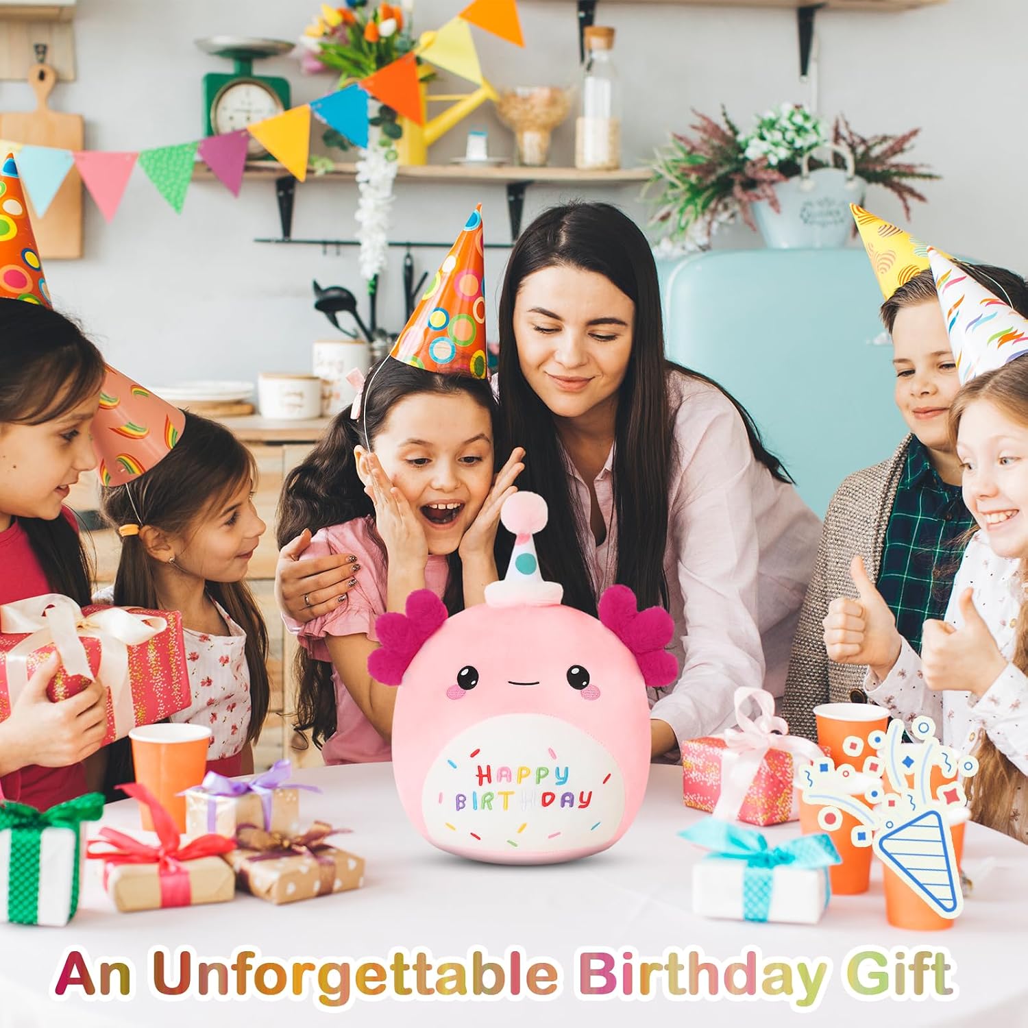 Detalle 2 de SQEQE Happy Birthday Axolotl Plush Pillow (35CM) – soft cuddly birthday gift