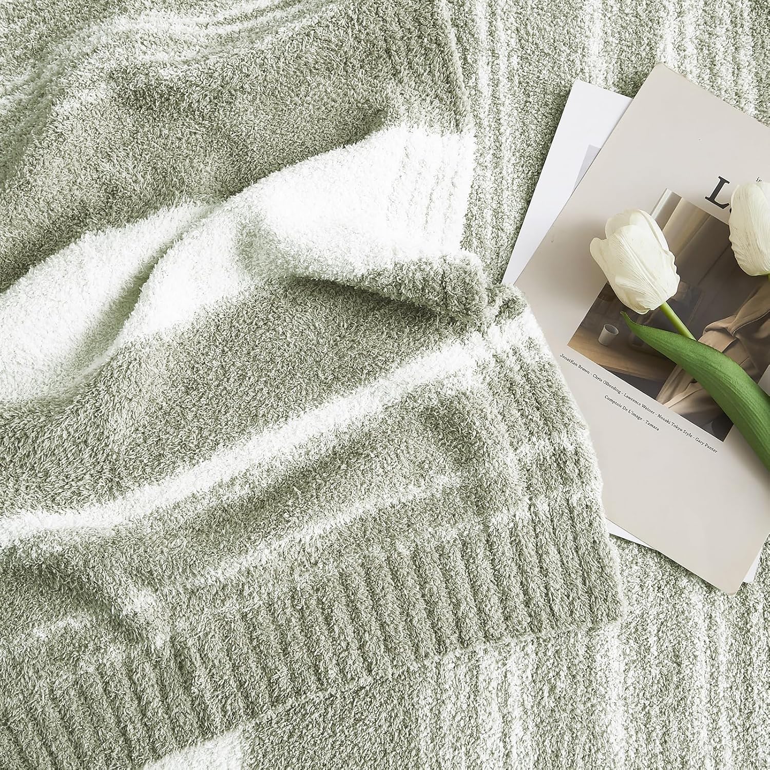 Thumbnail 2 de WRENGONGE Sage Green Throw Blanket, 50x70 – Soft Cozy Striped Microfiber Throw