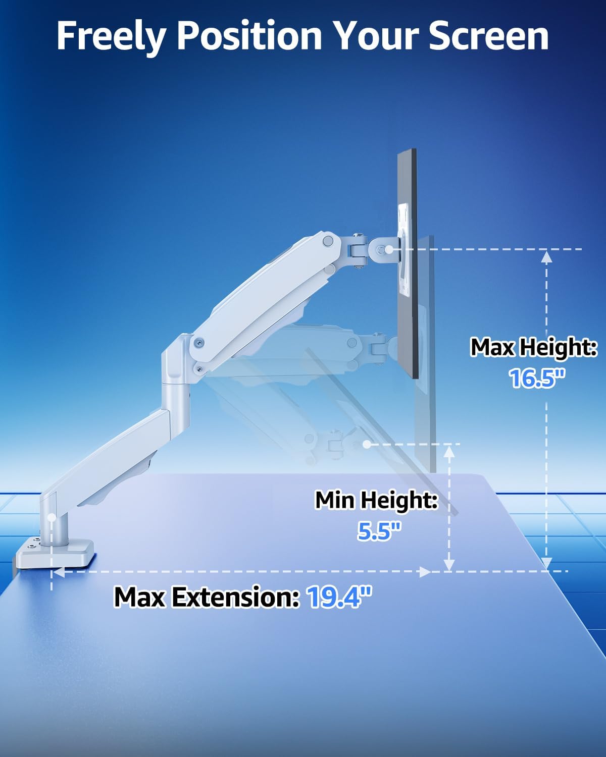Detalle 2 de MOUNTUP Pro White Single Monitor Arm, 22–32 Inches, 4.4–22 lbs
