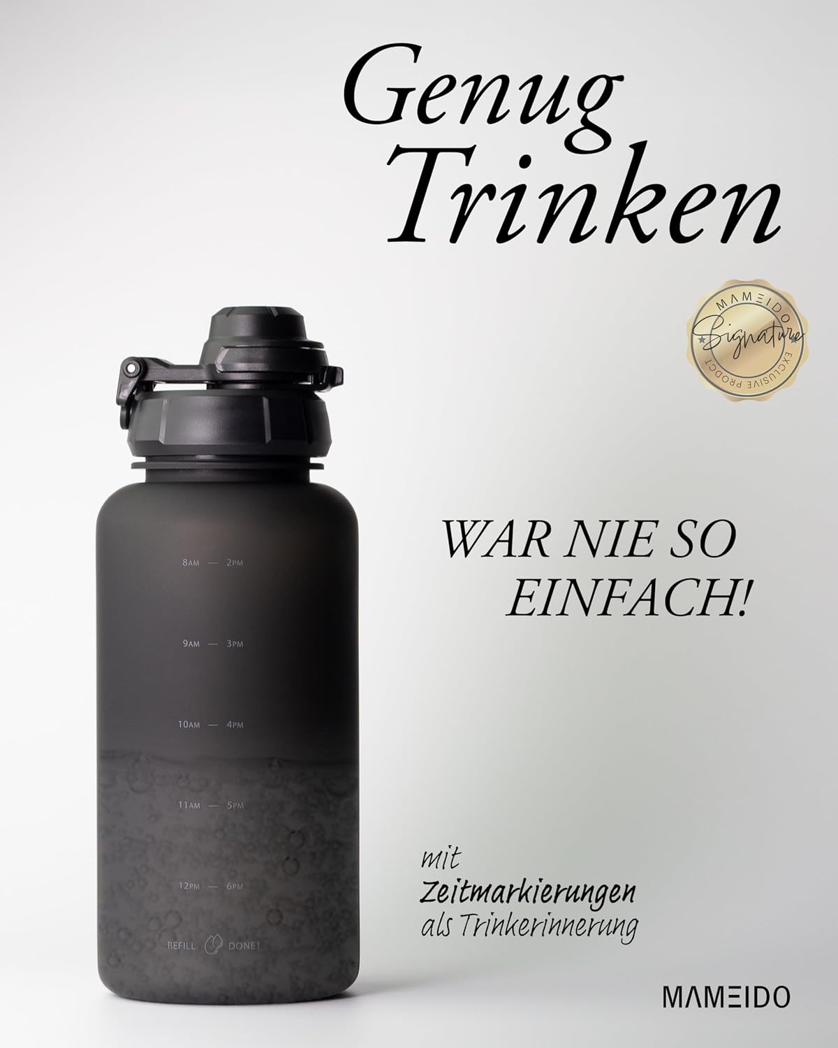 Detalle de MAMEIDO Trinkflasche 1 l mit Strohhalm (Rich Black) – 2-in-1 Sportdeckel, BPA-frei, Zeitmarkierung