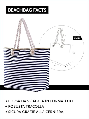 Thumbnail 1 de DonDon Borsa da spiaggia grande con cerniera 58 x 38 x 18 cm – stile marino a righe bianche e azzurro scuro