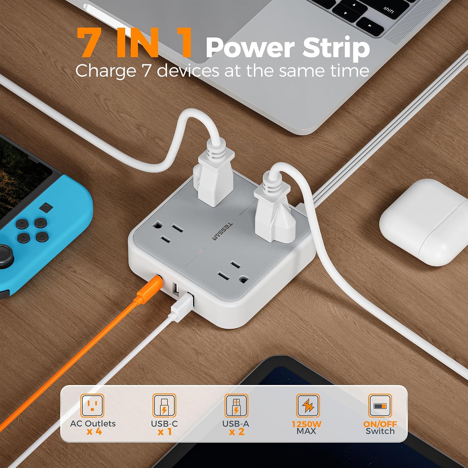 Thumbnail 1 de TESSAN TS-102-C-SP Surge Protector Power Strip, 4 Outlets, 3 USB Ports