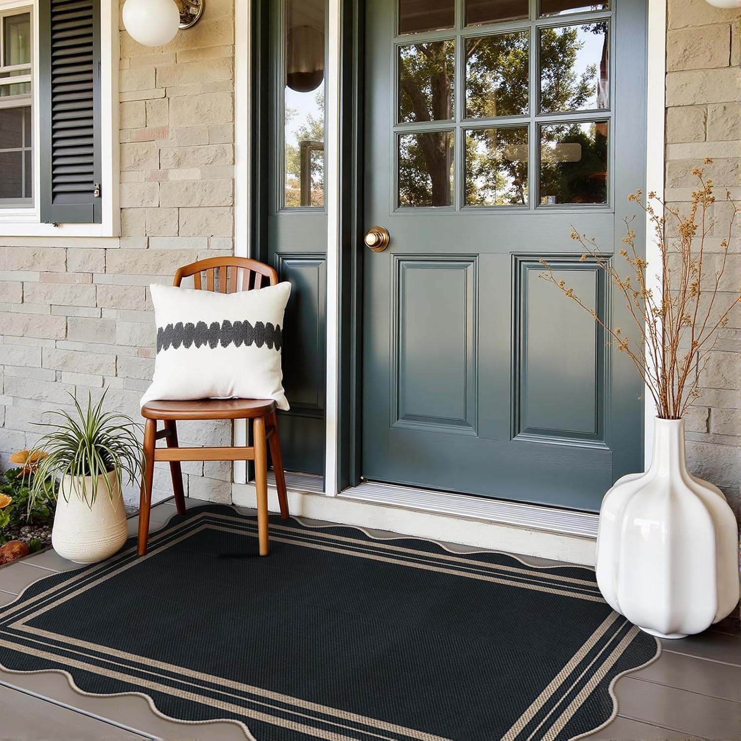 Thumbnail 2 de LORWER Scalloped Easy Jute 3x5 Outdoor Rug (Black Charcoal) — Washable Non-Slip Entryway Door Mat