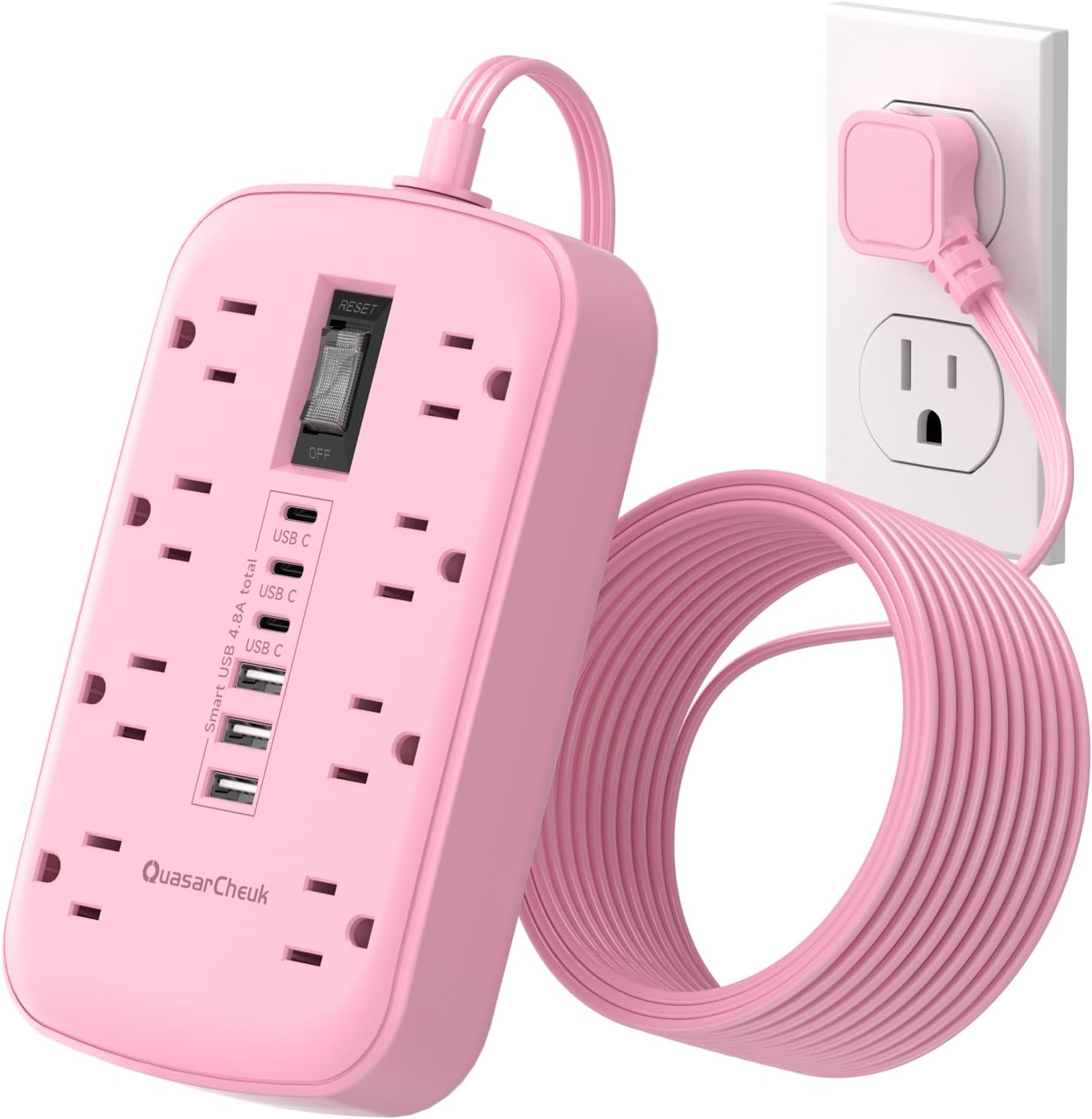 Detalle de Pink Extension Cord with Surge Protector - 5 ft Kawaii Power Strip with 8 Outlets and 6 USB Ports