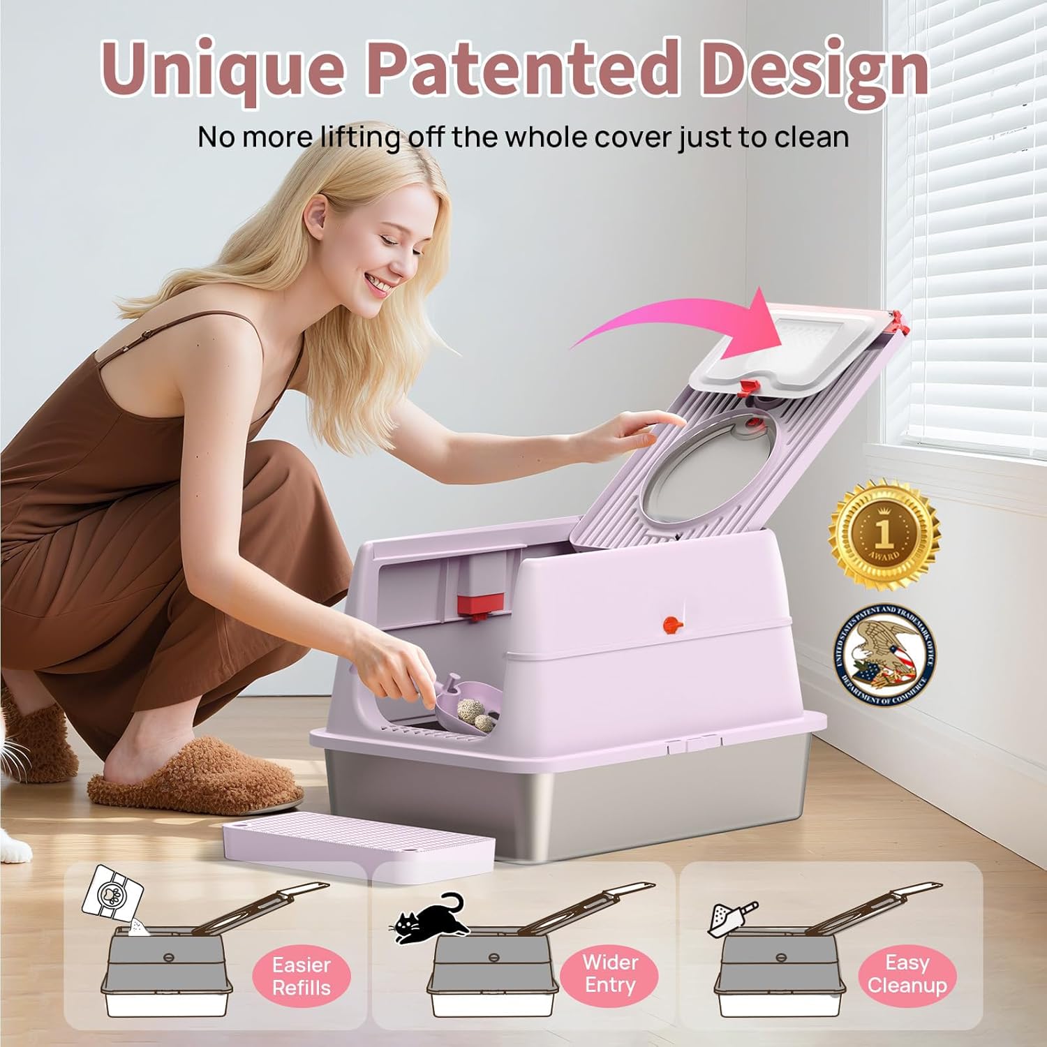 Detalle de Litière pour Chat en Acier Inoxydable 304 – XXL, avec Couvercle et Pédales, BEST JAJA ( Violet )