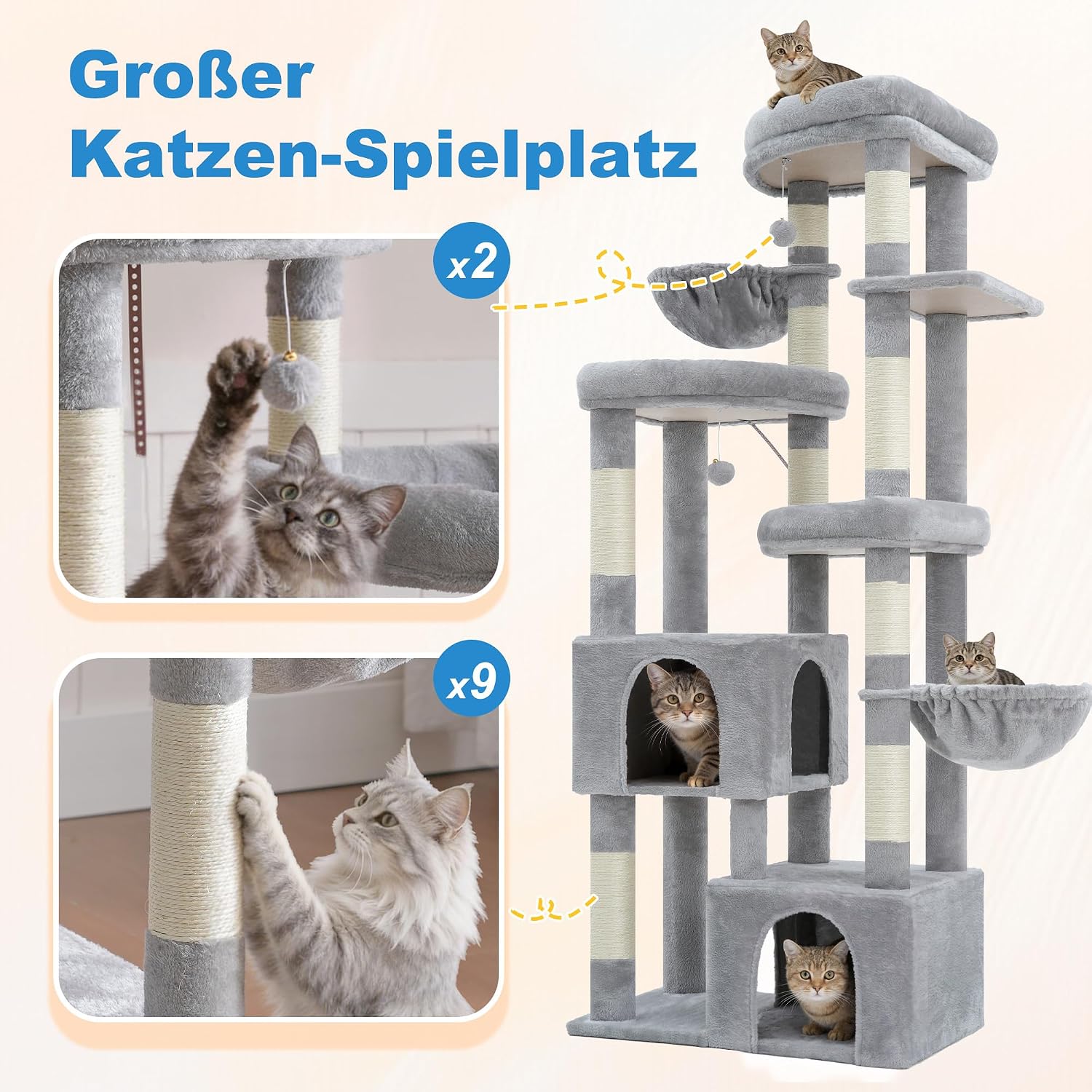 Thumbnail 4 de Hey-brother Katzenbaum 171 cm – stabiler Kratzbaum mit 3 Plattformen, 2 Höhlen und 2 Katzenbetten (Hellgrau, MPJ084W)