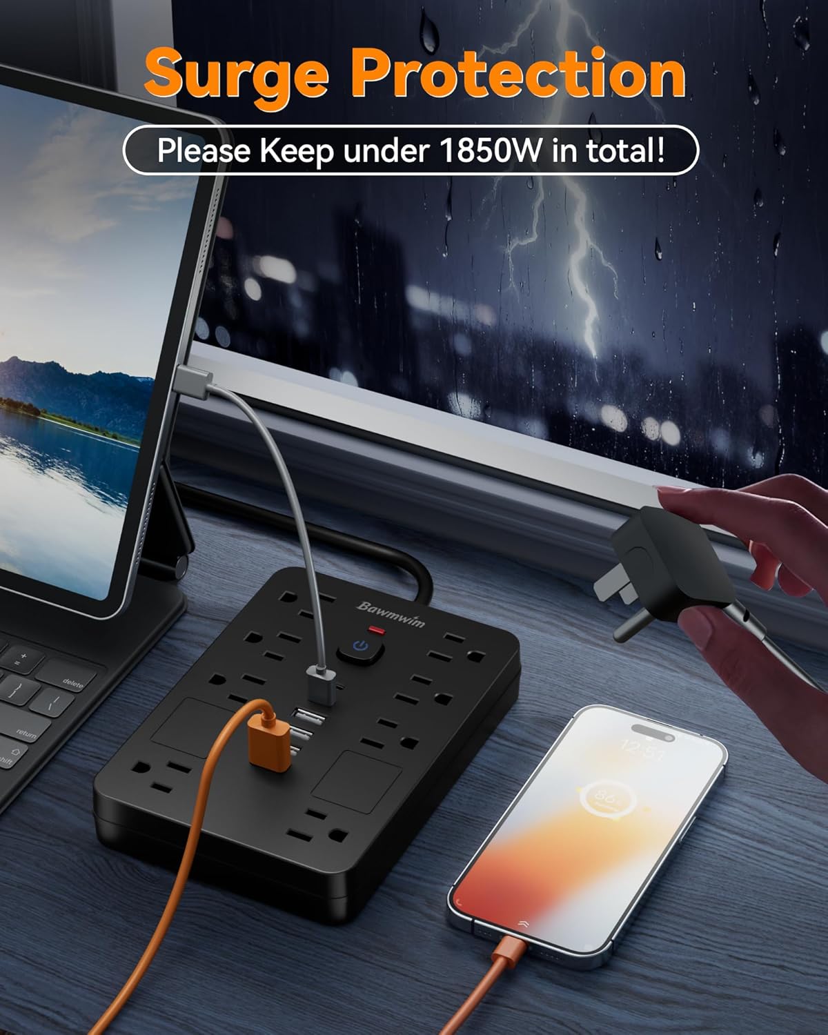 Detalle de Bawmwim Surge Protector Power Strip: 8 Outlets, 6 USB Ports, 6ft Flat Plug, ETL Listed