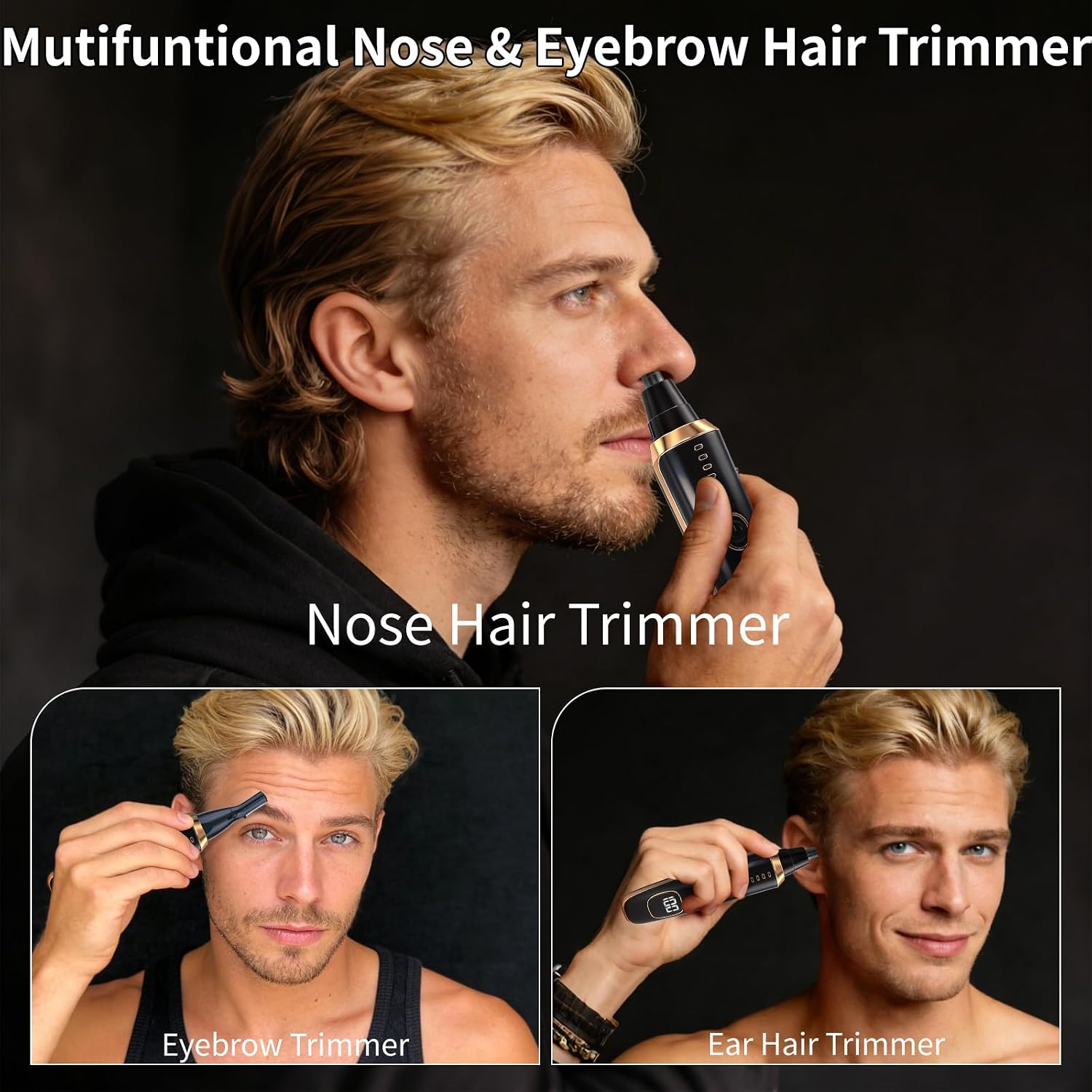 Detalle 2 de Yunmiss 2-in-1 Nose, Ear and Eyebrow Hair Trimmer with LED Display – USB Rechargeable, IPX7 Waterproof