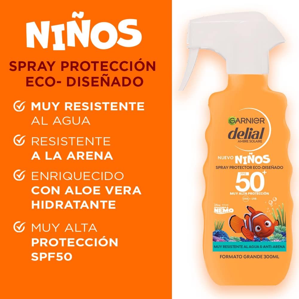 Detalle 2 de Garnier Delial Spray Solar FPS50+ EcoPara Niños Nemo 🌊