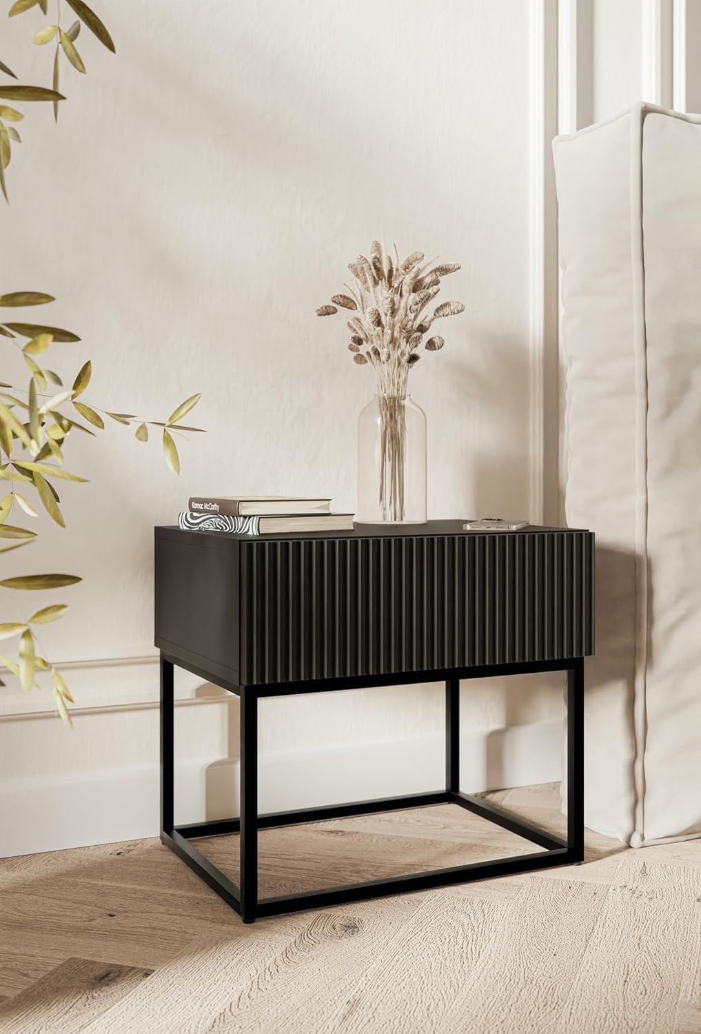 Detalle 2 de Selsey Nachttisch mit Schublade und Lamellenfront, 44 x 50 x 35,6 cm (Schwarz)