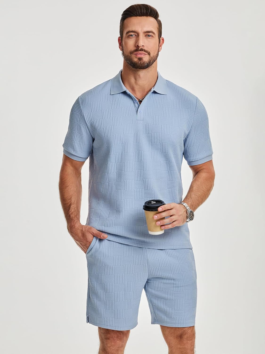 Detalle de JMIERR Jogginganzug Herren Set – 2-teiliges Sommer-Trainingsoutfit aus Elasthan-Polyester, Polo-Shirt & kurze Hose