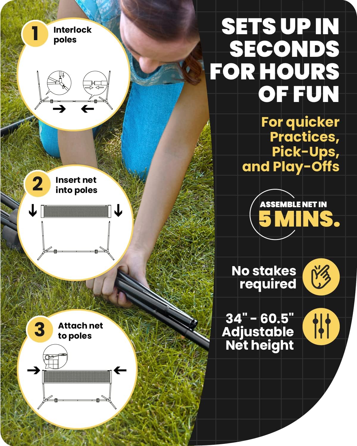 Detalle de Boulder Portable Badminton Pickleball Net with Foldable/Extendable Poles (Up to 5 ft) – All-in-One Backyard Sports Set